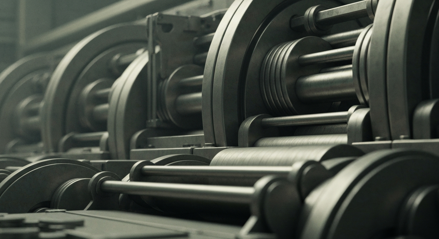 An extreme close-up of gears, levers, and other heavy industrial equipment in muted metallic tones, conveying the tangible, institutional power of the financial system.