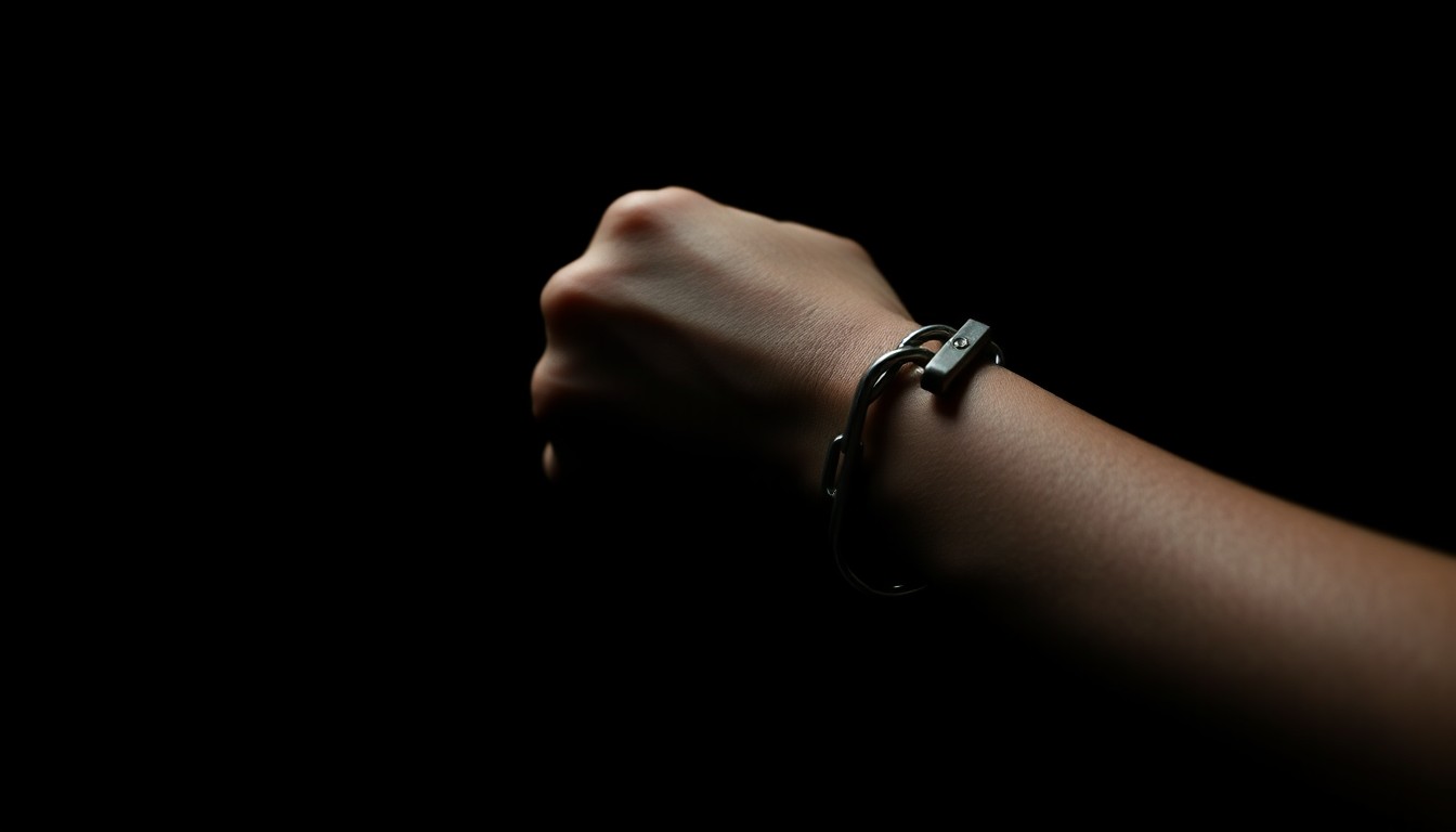 An extreme close-up photograph of a shackled wrist against a pitch-black background, lit by a harsh, direct camera flash, conceptually representing the harsh realities of incarceration and the cycle of trauma faced by many incarcerated women.