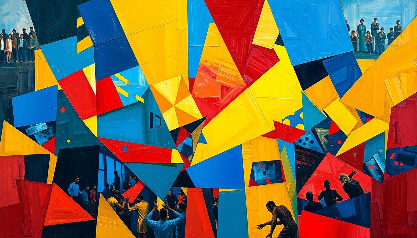 A cubist, geometric painting depicting the final moments of the Pride-Angel City match, with overlapping planes of color representing the players and action on the field.