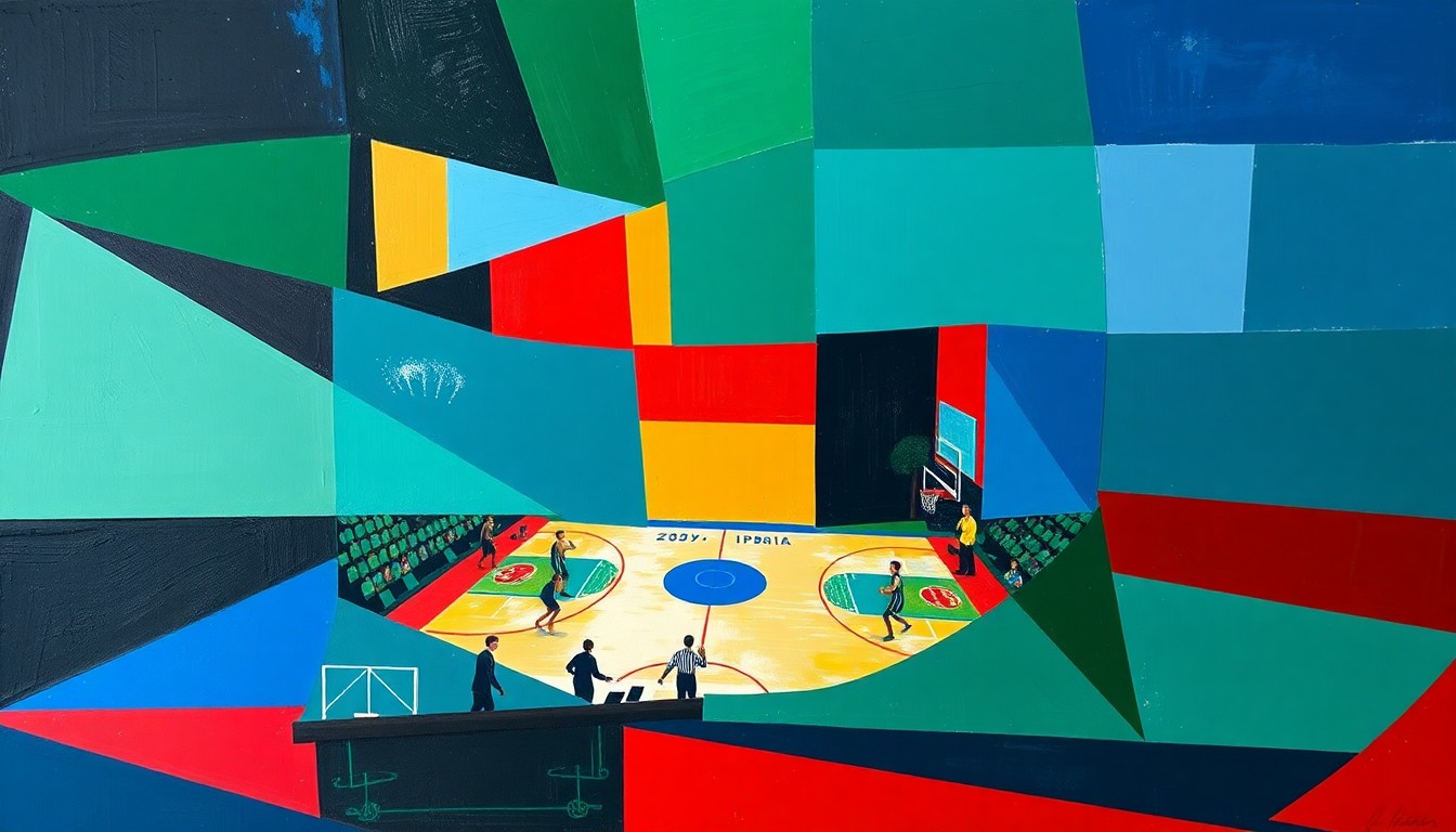 A fragmented, geometric painting depicting the dynamic movements and intense competition of a basketball game, with sharp planes of emerald, blue, and red intersecting to create a conceptual, abstract representation of the sport.