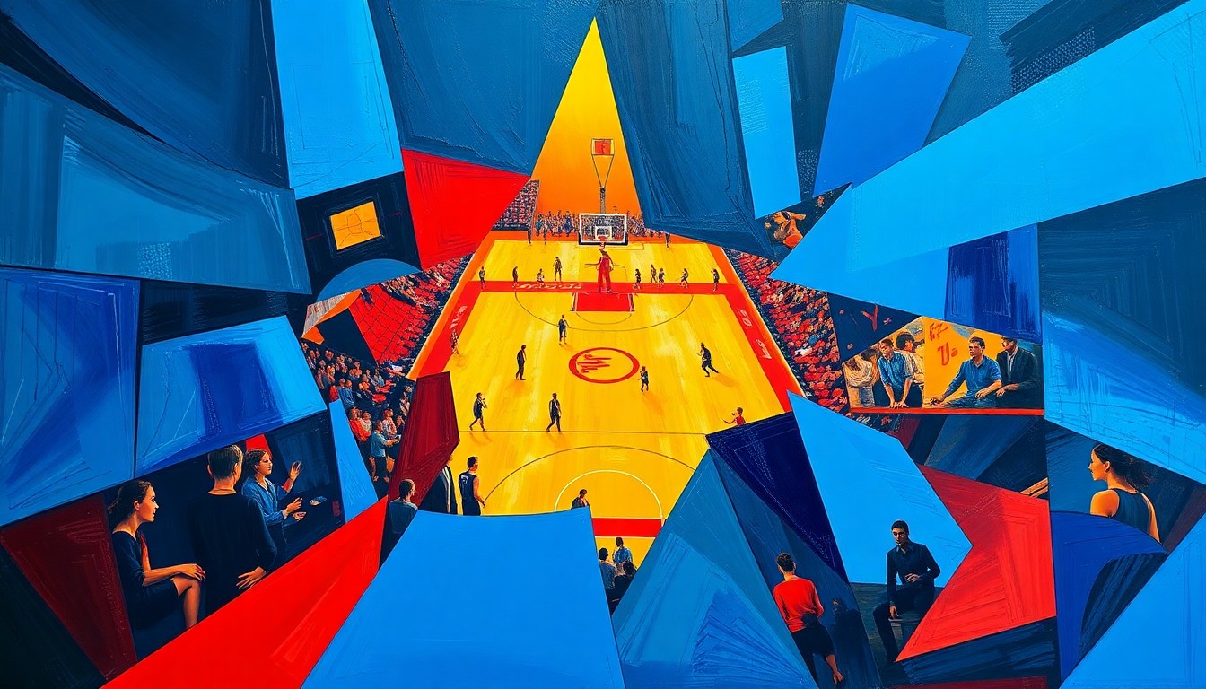 A cubist, geometric painting depicting a fragmented, multi-angled view of a women's basketball game, with sharp planes of color and movement capturing the energy and intensity of the sport.