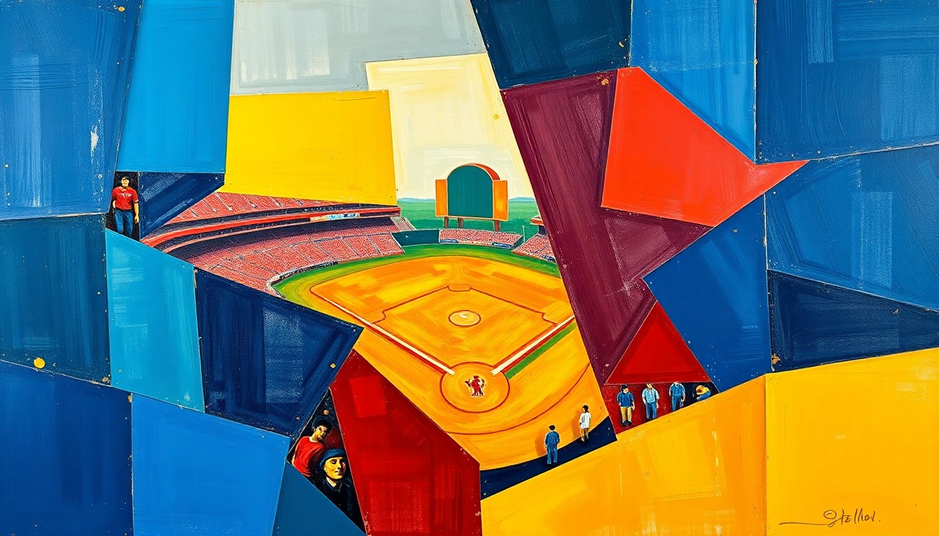 A cubist-style painting featuring overlapping geometric shapes and planes in vibrant colors, conceptually representing the action and drama of a baseball game.