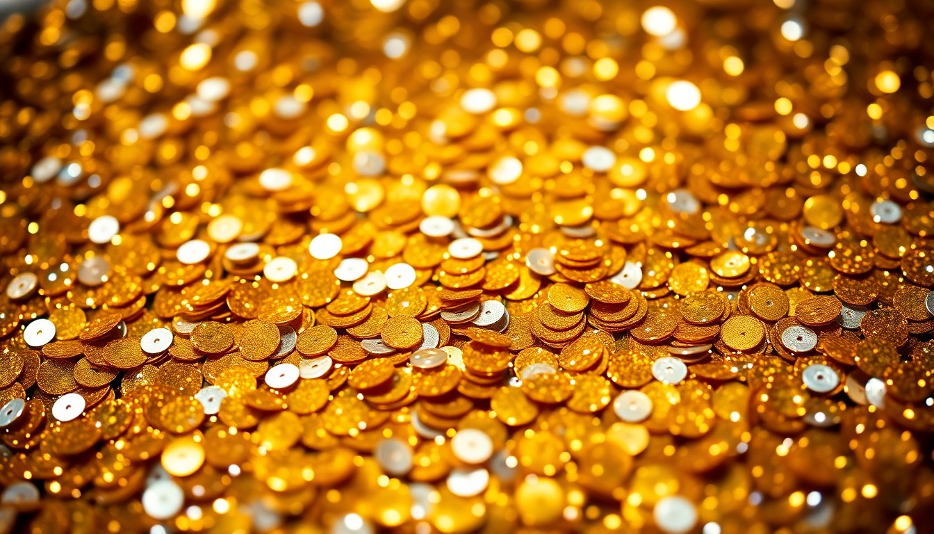 An extreme close-up photograph of shimmering gold and silver sequins, capturing the luxurious, high-contrast textures and lighting to conceptually represent the glamour and excitement of Missoula's expanding creative scene.