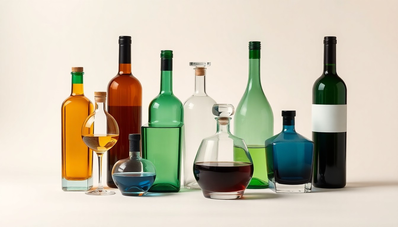 A high-end, photorealistic studio still-life photograph featuring a collection of premium glass bottles and decanters in shades of amber, emerald, and sapphire, arranged elegantly on a clean, monochromatic seamless background, conceptually representing the impact of a local liquor store closure.
