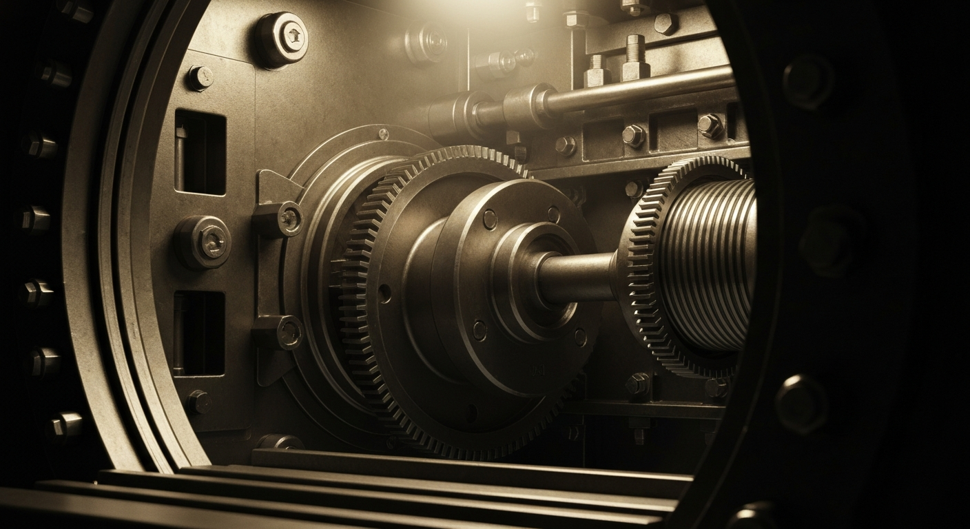 An extreme close-up of the inner mechanisms of a bank vault, with heavy machinery, gears, and dramatic lighting, conceptually representing the tangible infrastructure and security that supports regional banking.