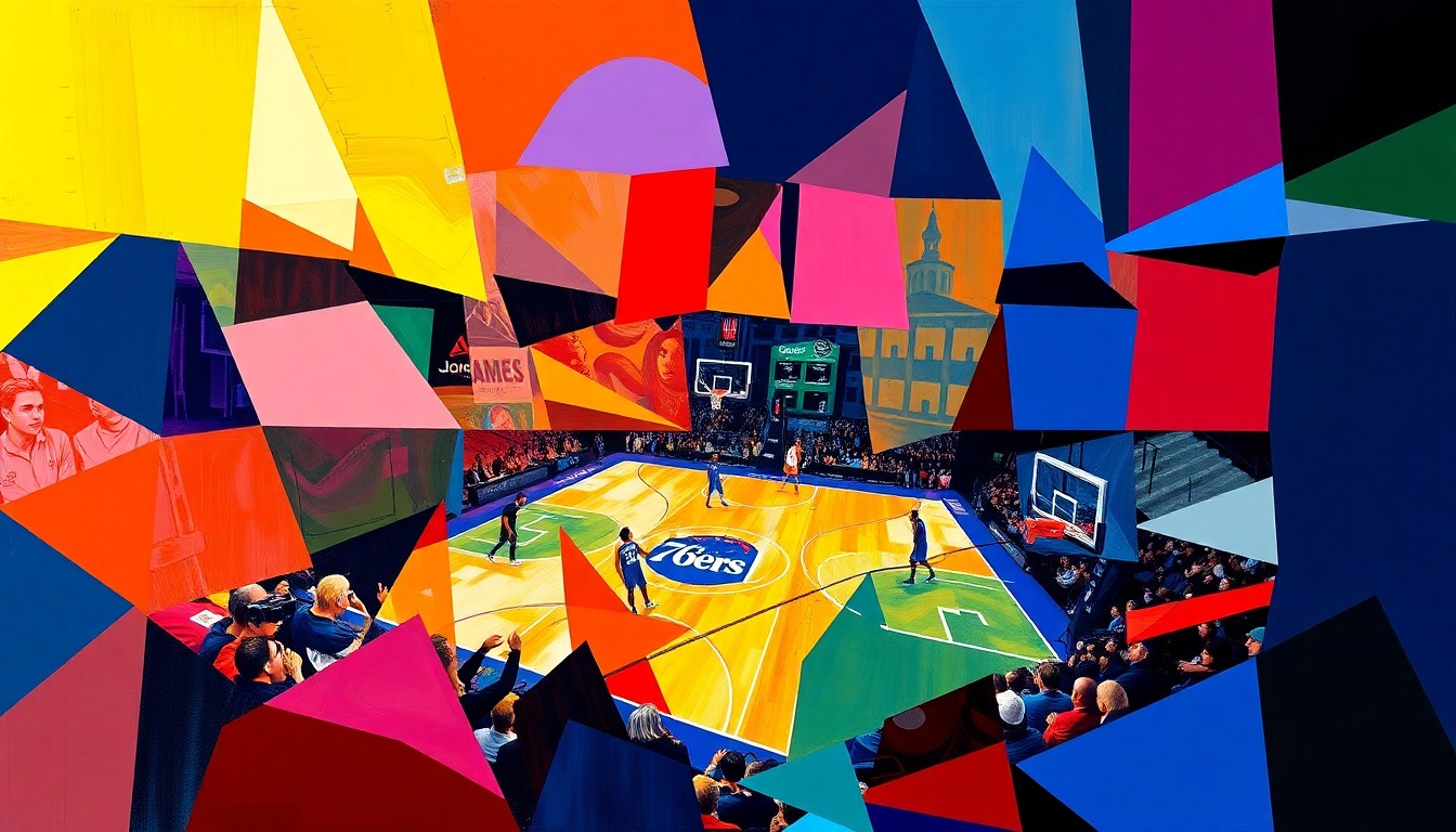 A cubist, geometric painting depicting a fragmented basketball court scene, with overlapping planes of deep red, royal blue, and bright white, conveying the tension and discord within the Philadelphia 76ers organization.
