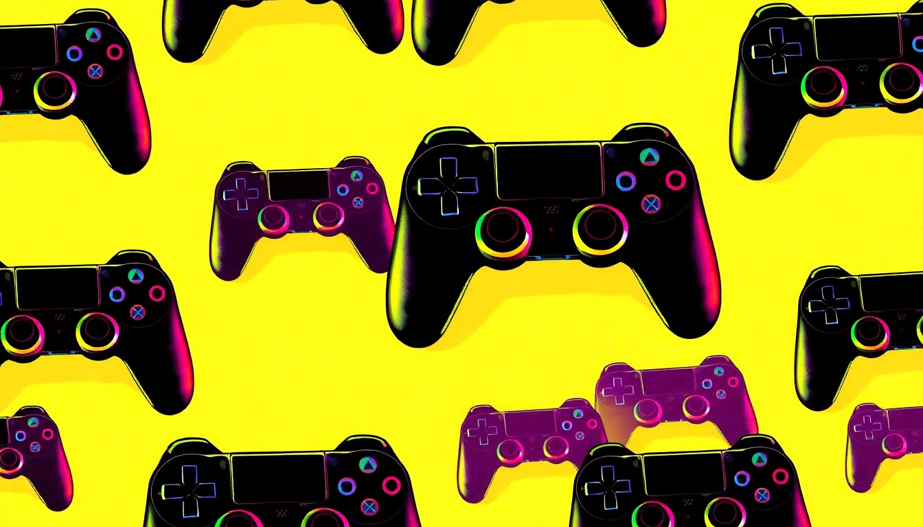 A bold, colorful silkscreen-style illustration featuring a gaming controller repeated in a grid pattern, capturing the energy and excitement of ACC's Esports achievements.