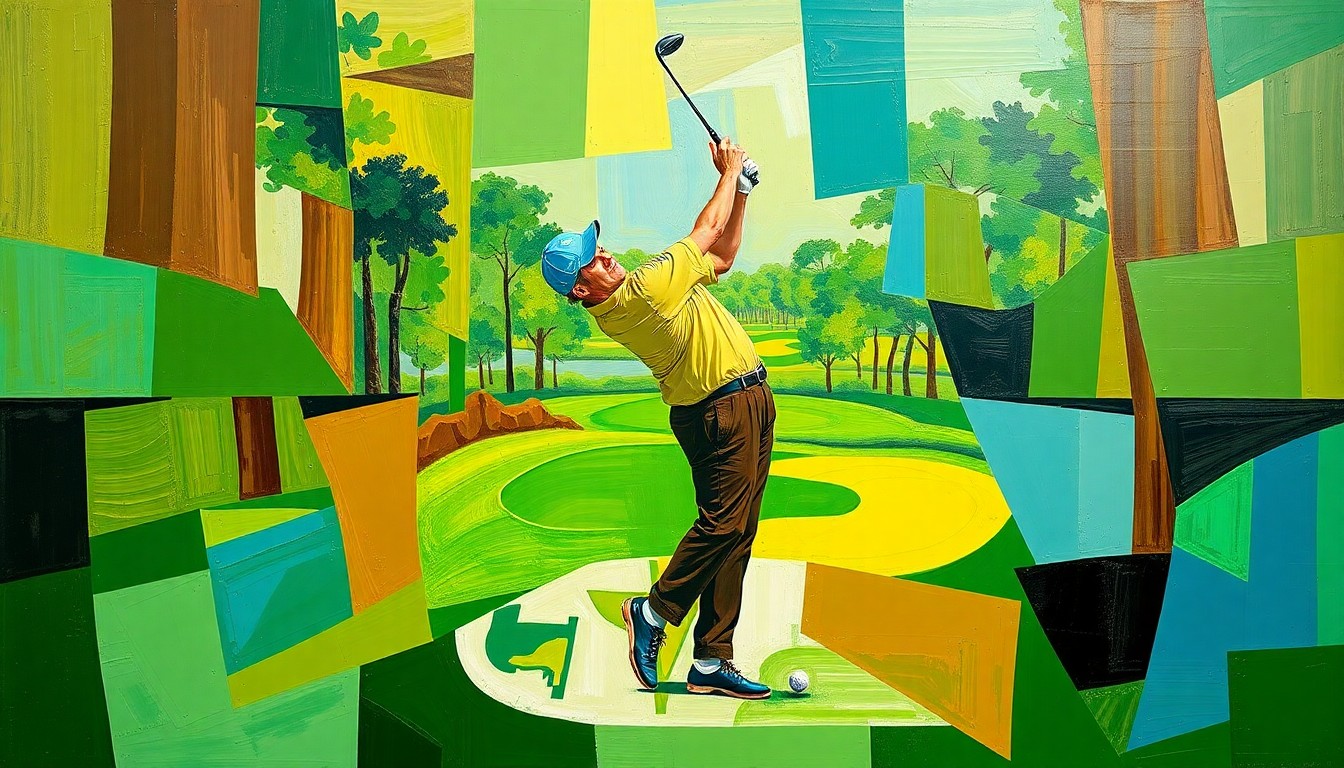 A cubist, geometric painting depicting a golfer's swing and the Masters tournament in overlapping, fragmented planes of color.