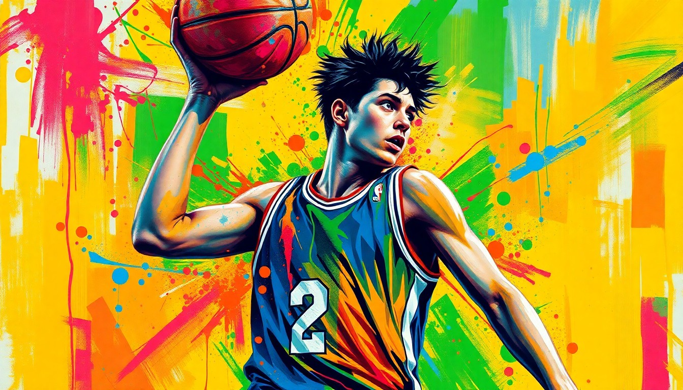 An extreme close-up of a basketball player's torso and arms in mid-jump shot, rendered in a vibrant, expressionist painting style with rapid brushstrokes and neon colors, conceptually capturing the energy and athleticism of a record-breaking performance.