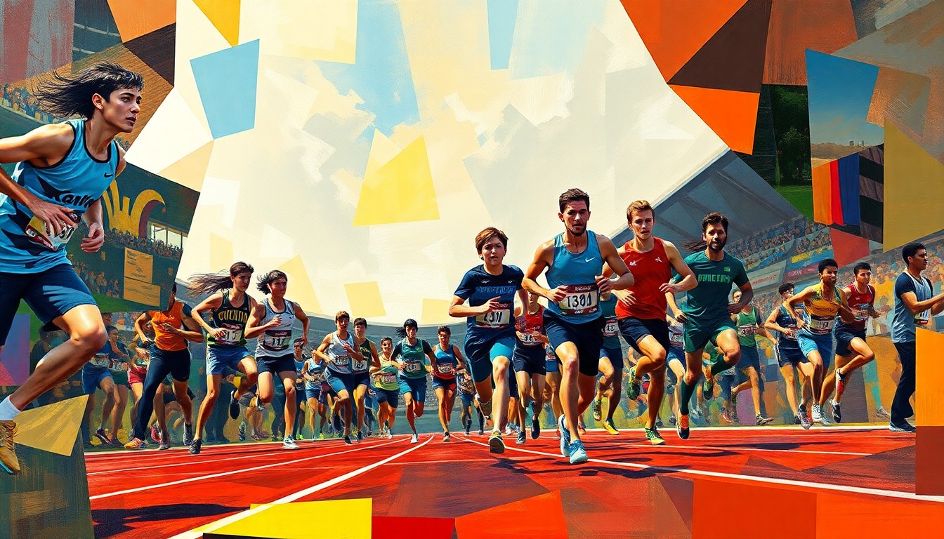 A fragmented, geometric painting depicting the overlapping movements and perspectives of athletes competing in a high school track and field event, rendered in a vibrant color palette that captures the energy and intensity of the competition.