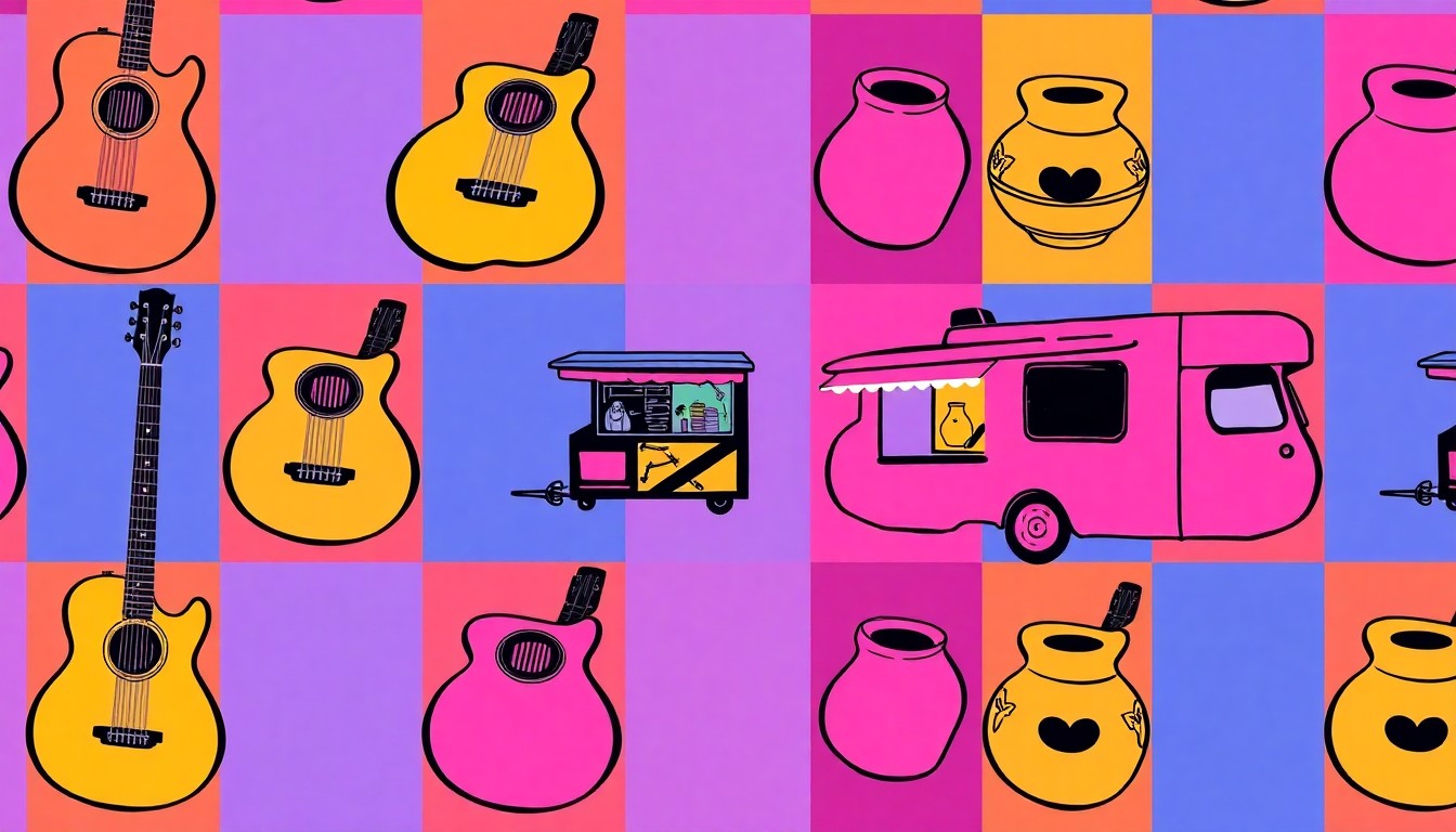 A brightly colored, abstract silkscreen print featuring repeated images of a guitar, food truck, and handmade pottery, capturing the lively and artistic spirit of a community festival.