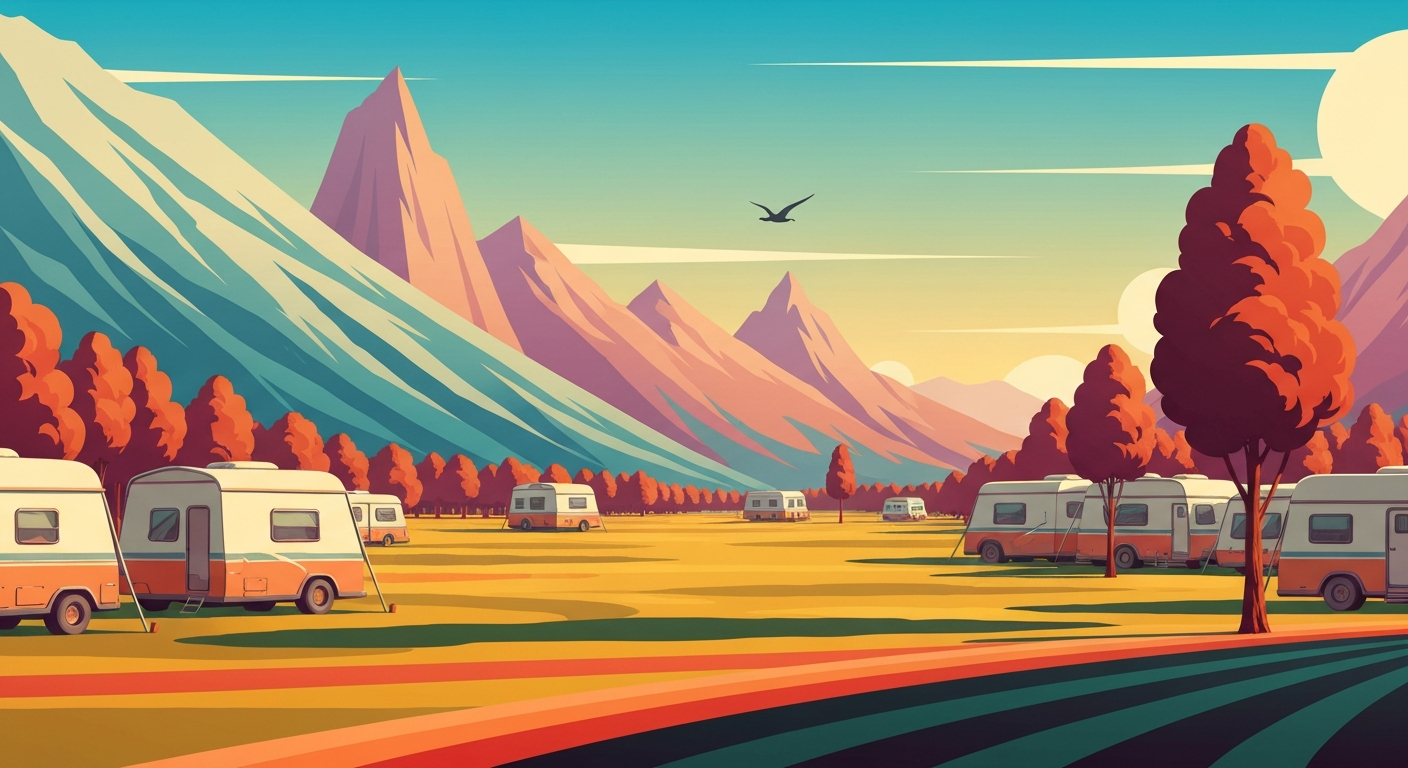 A highly stylized, geometric landscape illustration depicting the sweeping vistas and grand scale of a campground, rendered in smooth airbrushed gradients of warm earth tones and cool blues, capturing the sense of adventure and escape associated with the great outdoors.