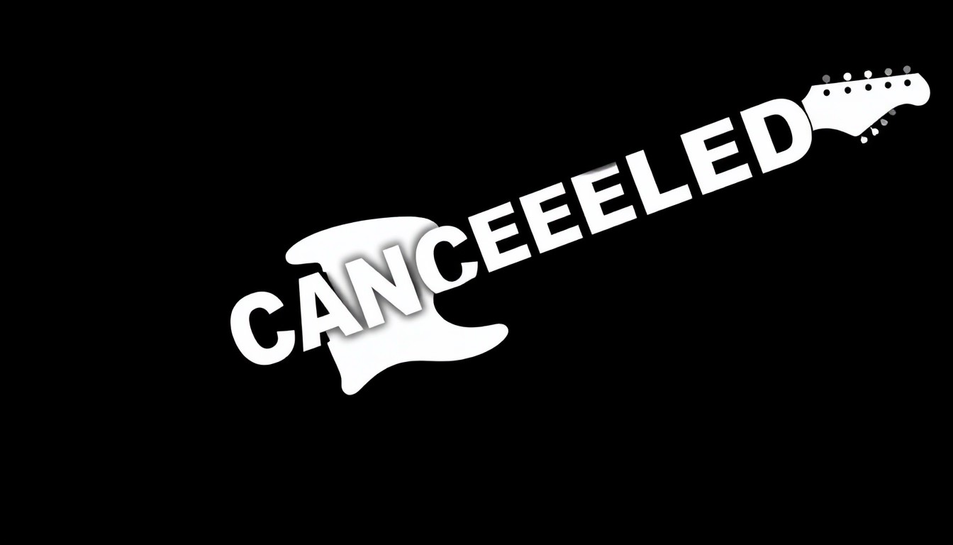 A dramatic black and white silhouette of an electric guitar, representing the cancellation of a country music concert due to severe storms.