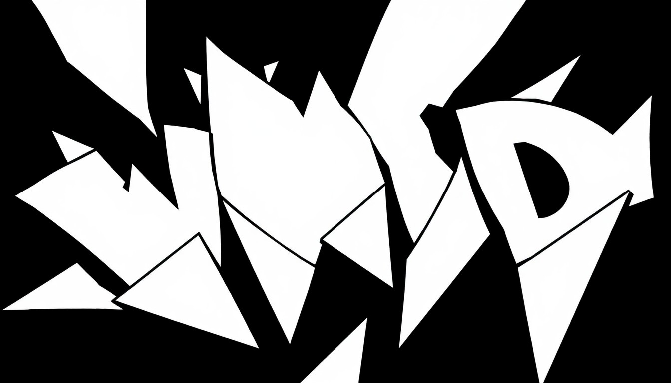 An abstract composition of sharp, angular black shapes against a stark white background, conceptually representing the interconnected nature of words and the challenge of solving word puzzles.
