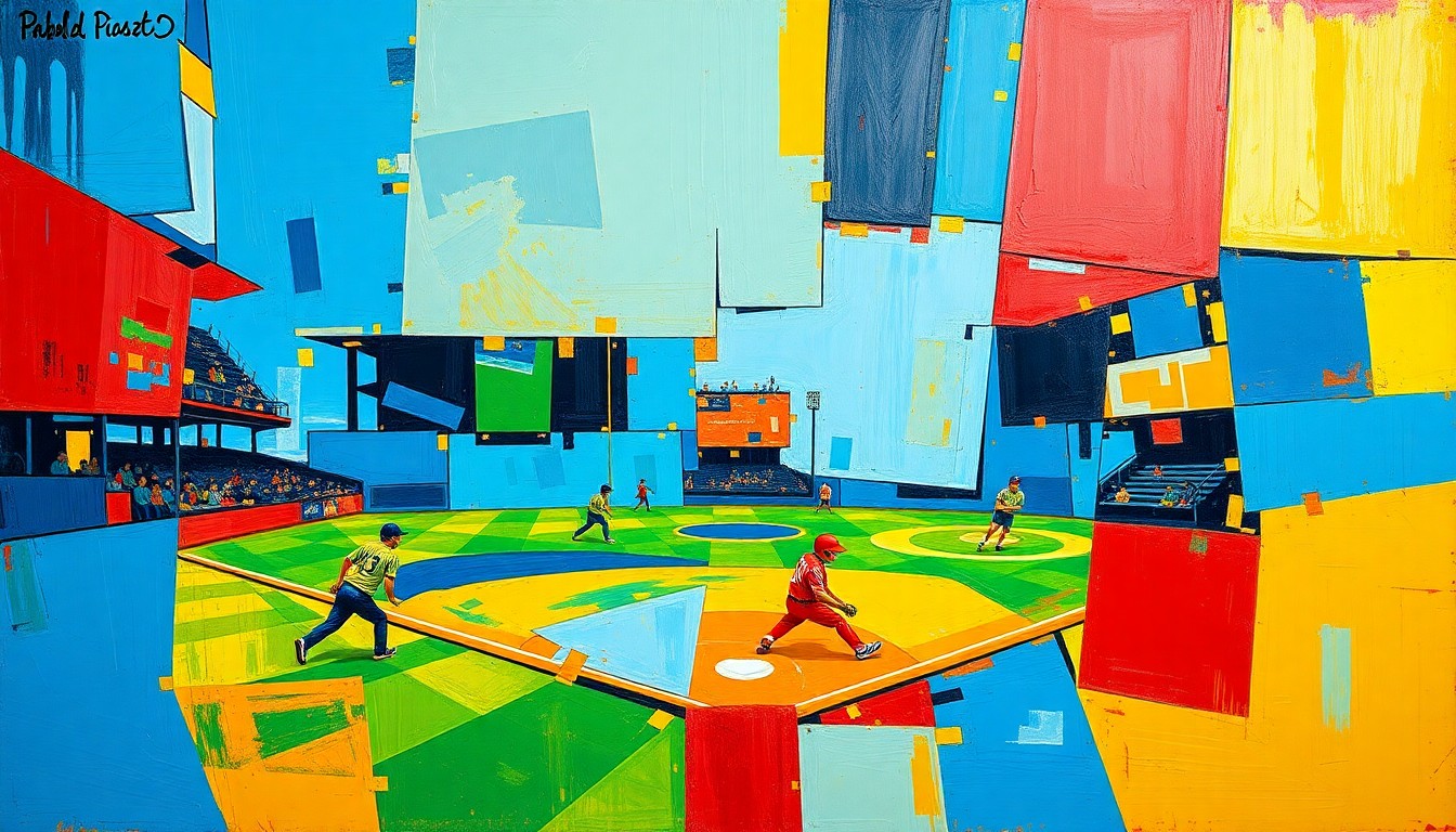 A dynamic, geometric painting in shades of blue, gold, and red, deconstructing a softball game into sharp, overlapping planes to capture the intensity of the competition.