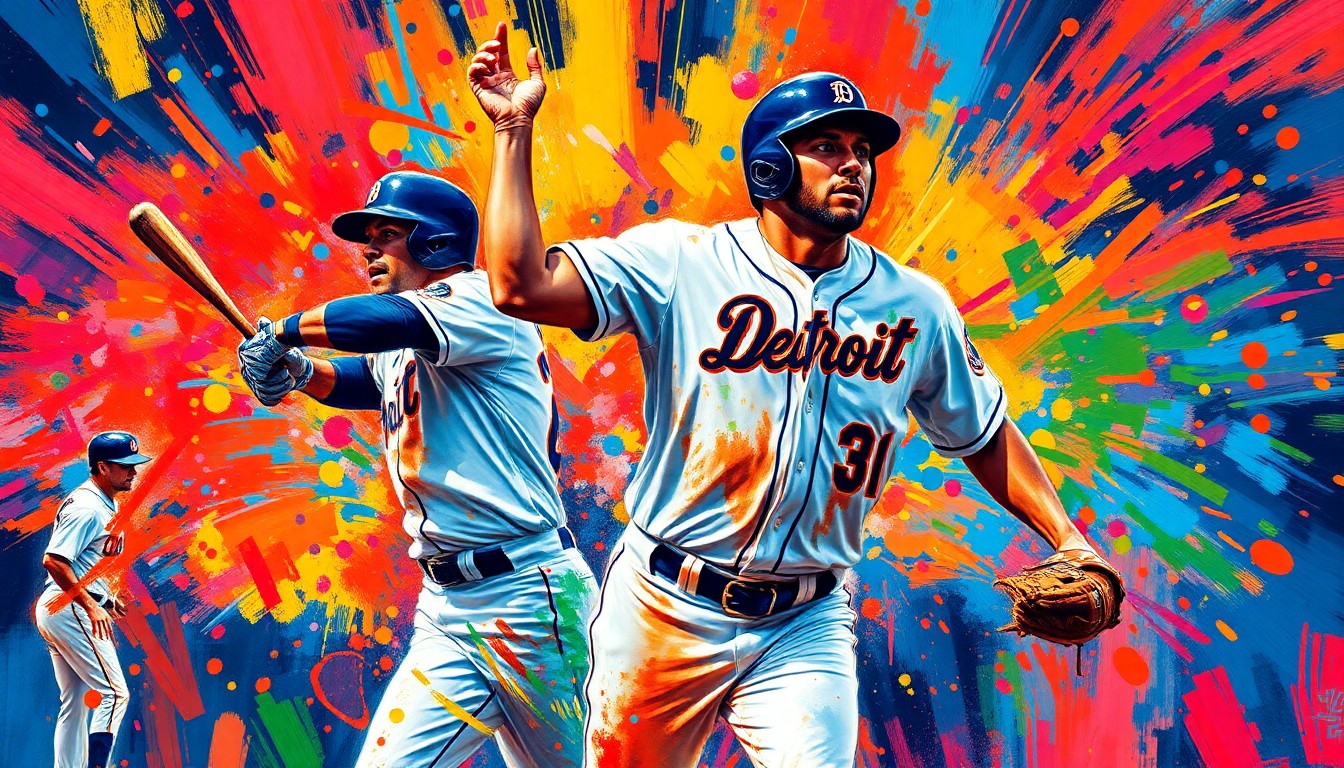 An abstract expressionist painting in neon colors depicting the dynamic movements and energy of a baseball game, with players' forms dissolving into vibrant brushstrokes.