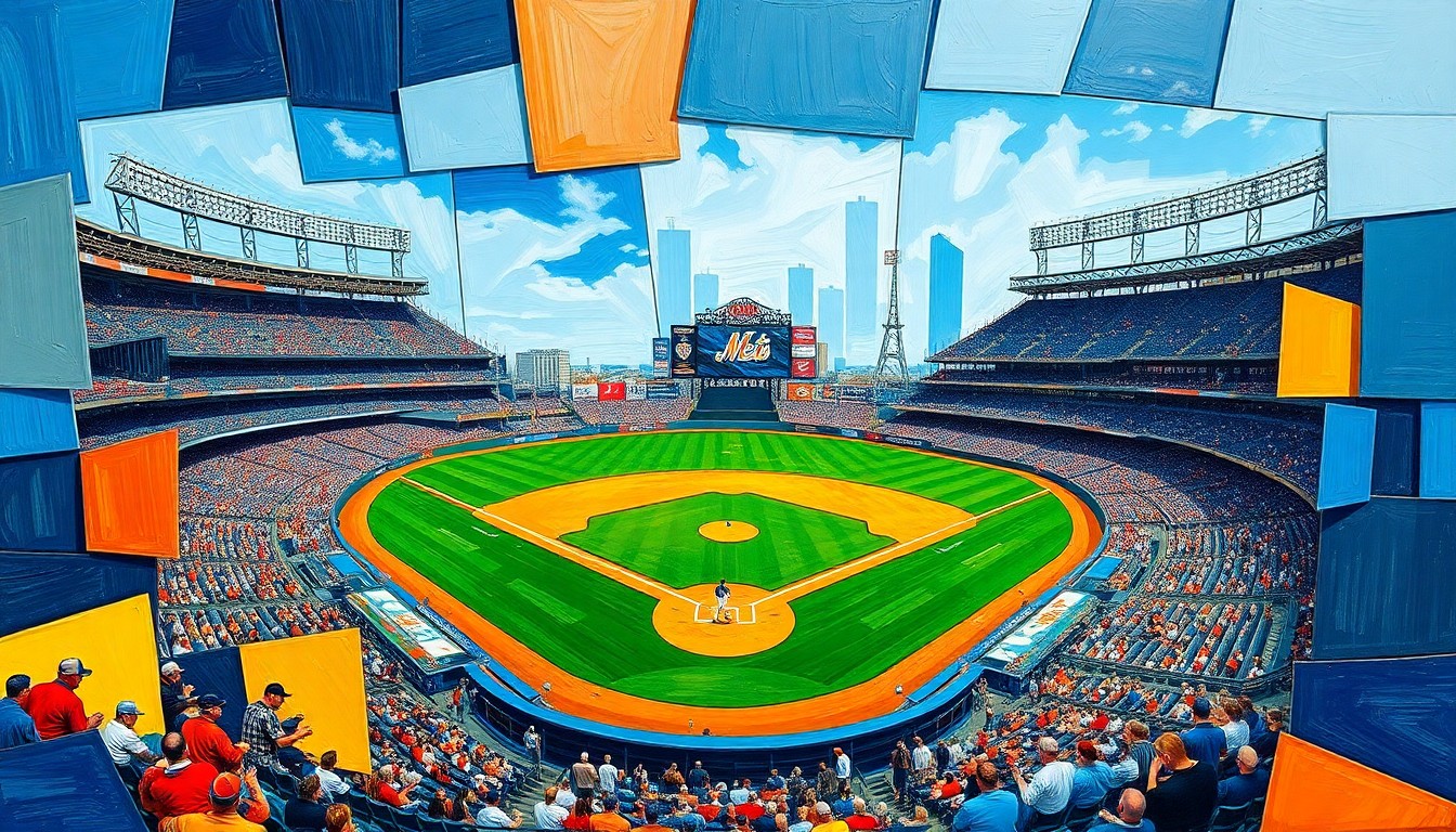 A fragmented, geometric painting depicting a baseball game in motion, with overlapping planes of color and shape representing the dynamic action on the field.