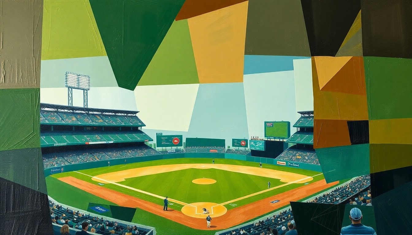 A cubist-style painting featuring sharp, overlapping geometric shapes in shades of green, brown, and blue, conceptually representing the disruption and fragmented energy of a rain-delayed baseball game.