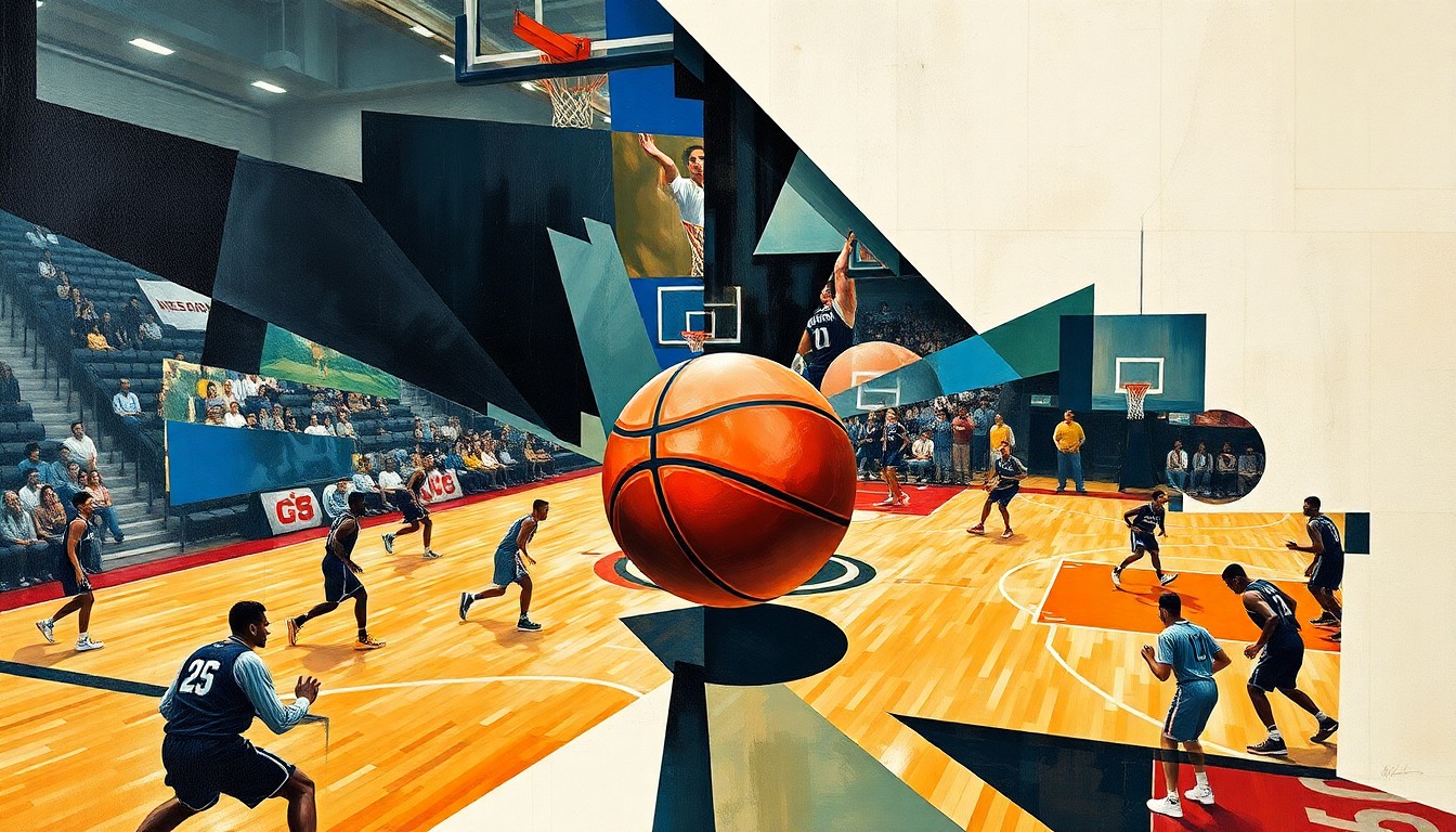 A cubist, geometric painting depicting a college basketball game, with the players and court deconstructed into abstract shapes and angles, the ball as the central focal point.