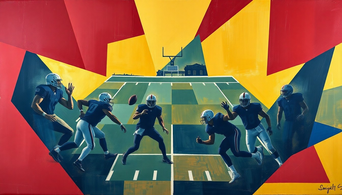 A cubist, geometric painting depicting fragmented and overlapping shapes in burgundy, gold, and navy blue, conceptually representing the strategic planning and preparation of an NFL team's offseason program.