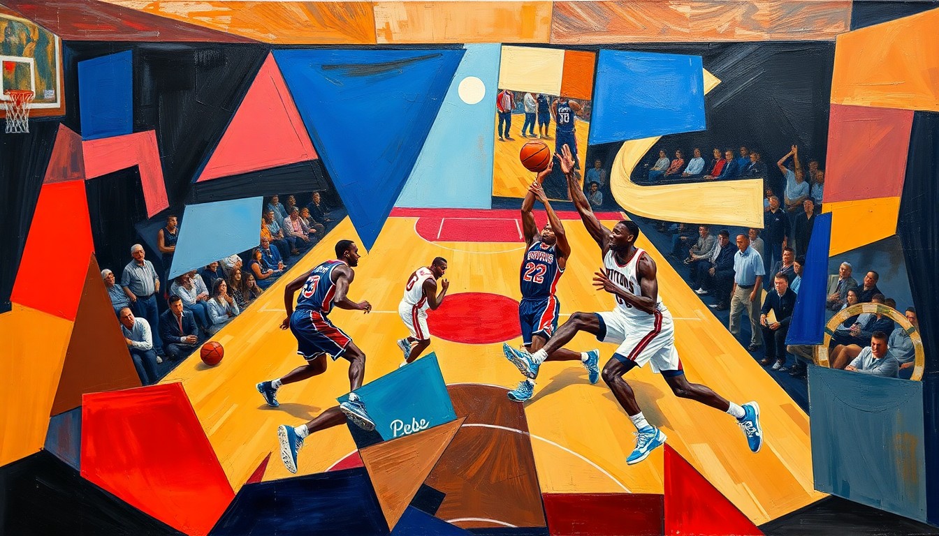 A cubist, geometric painting depicting the energy and movement of a basketball game between the Detroit Pistons and Philadelphia 76ers, with sharp, overlapping planes of color and form capturing the action on the court.