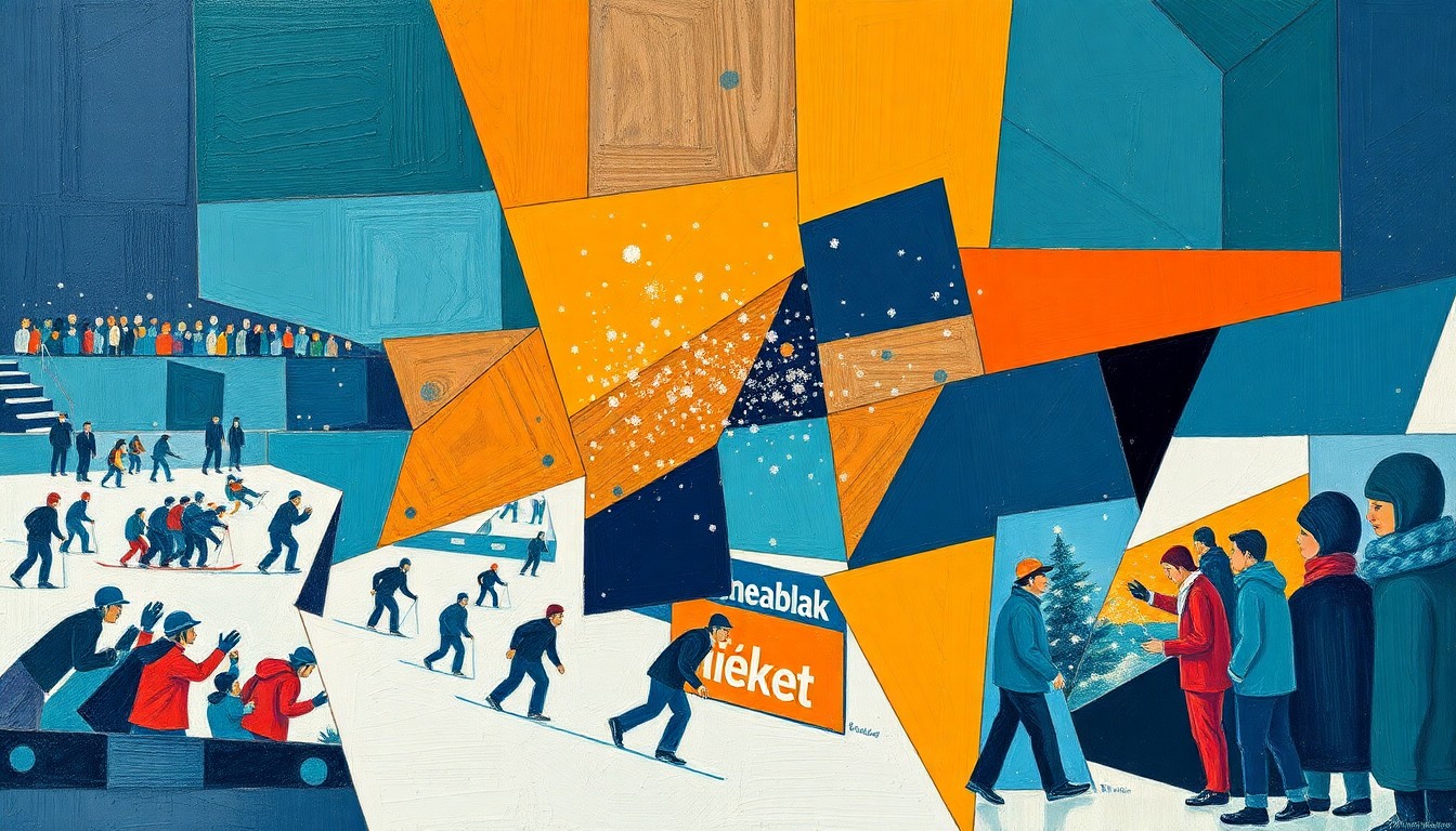A cubist-style painting featuring sharp, overlapping geometric shapes in navy, teal, and orange, abstractly representing a winter sports celebration or competition.