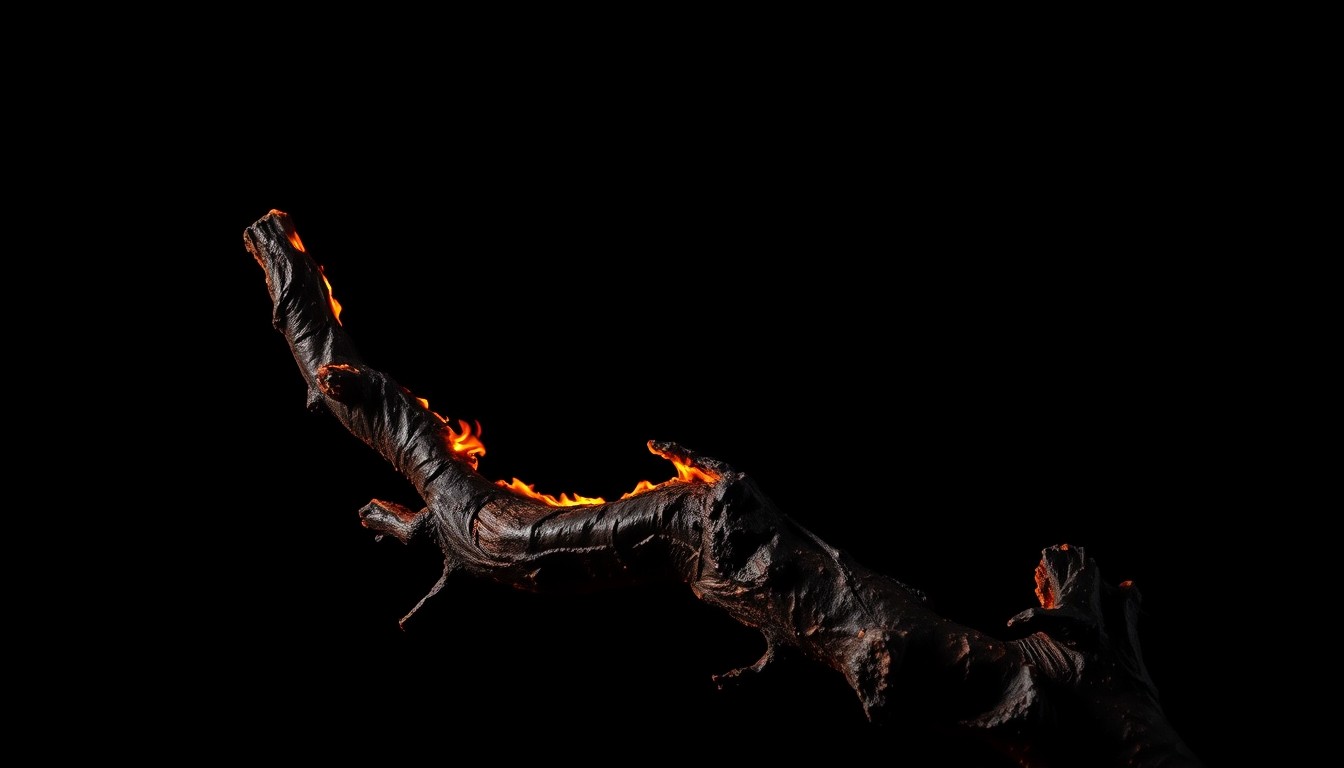 An extreme close-up photograph of a charred tree branch against a pitch-black background, conveying the gritty aftermath of a serious car accident.