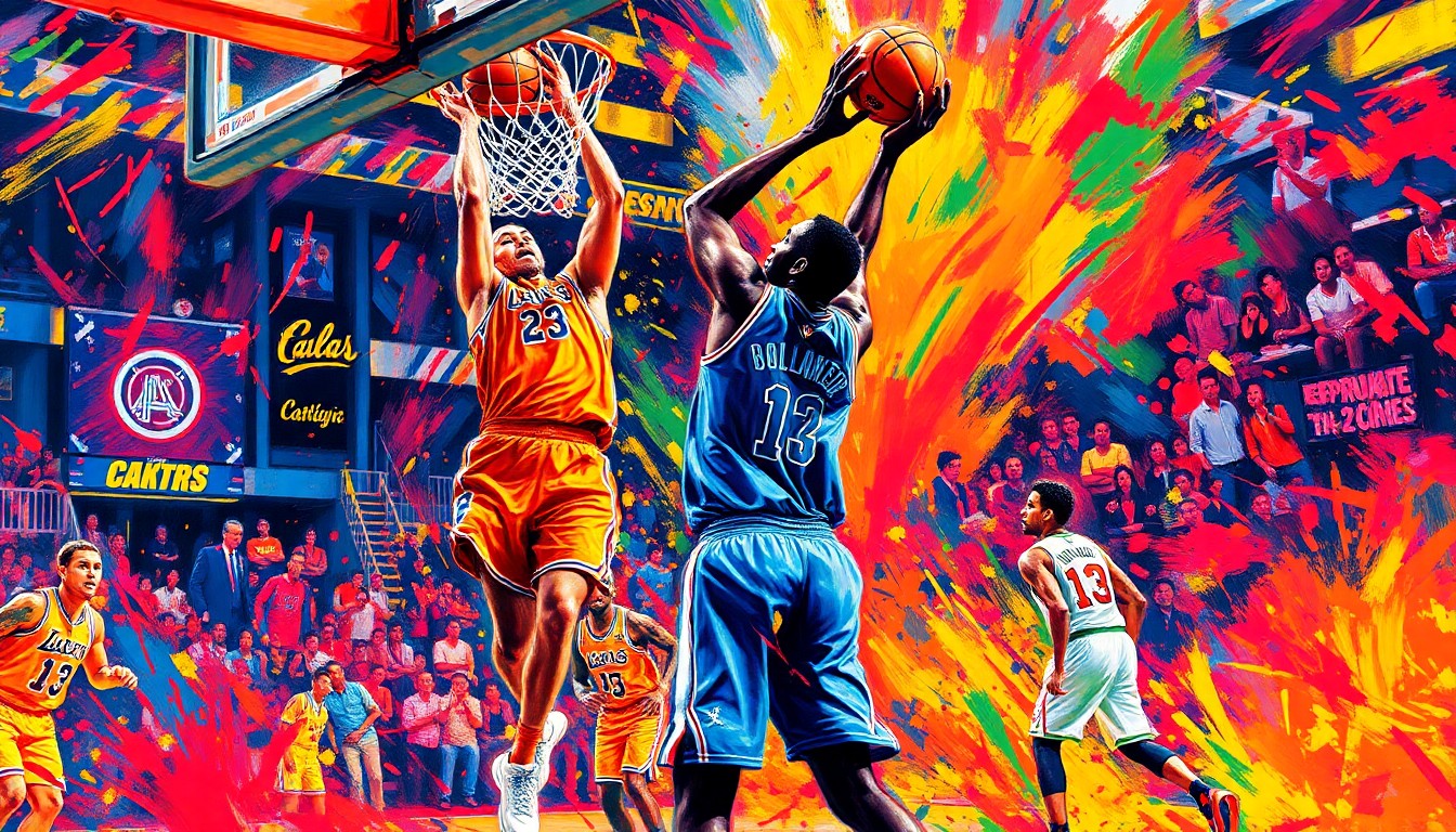 An abstract expressionist painting in neon colors depicting the dynamic movements and energy of a basketball game, with the players' forms breaking down into vibrant brushstrokes and splatters.