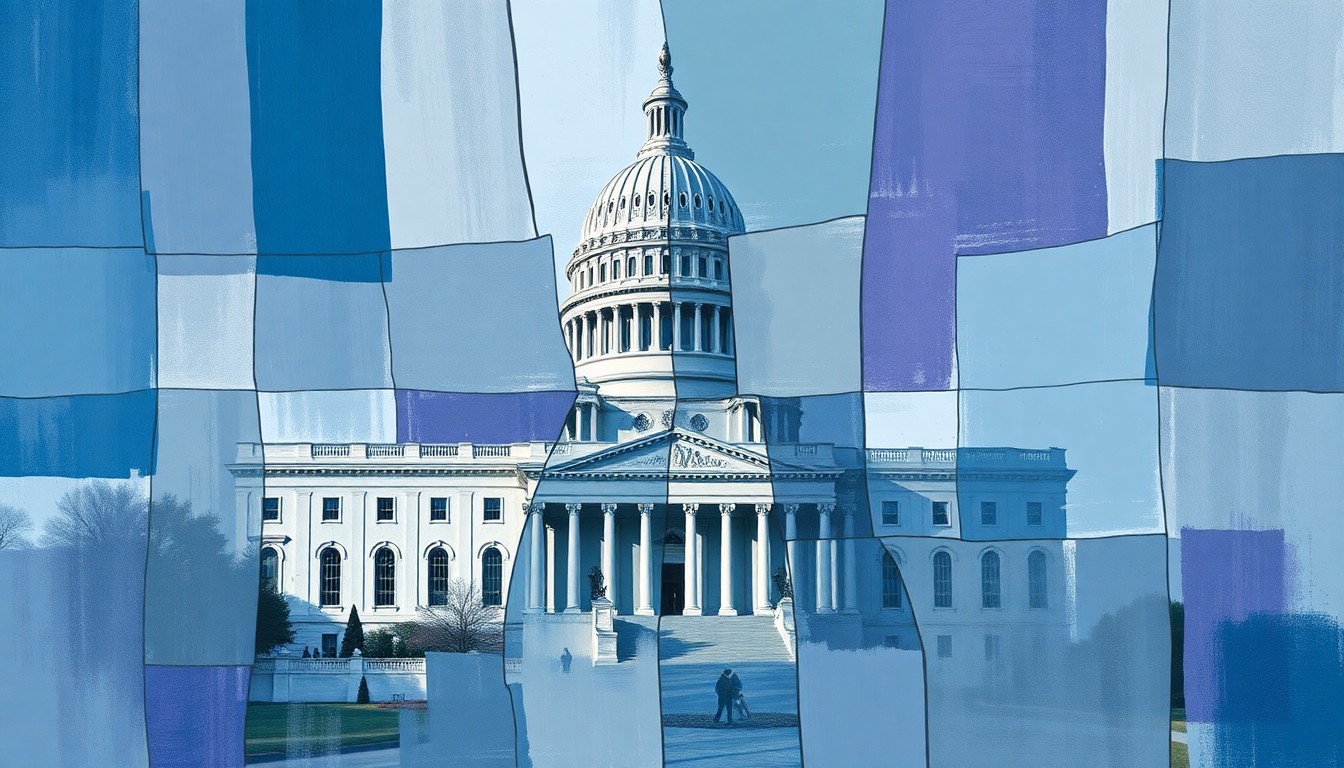 An abstract, fragmented painting in shades of blue, grey, and purple depicting overlapping geometric shapes and figures representing a state capitol building, government officials, and individuals with developmental disabilities, conceptually illustrating the complex and divisive debate around offensive language in politics.