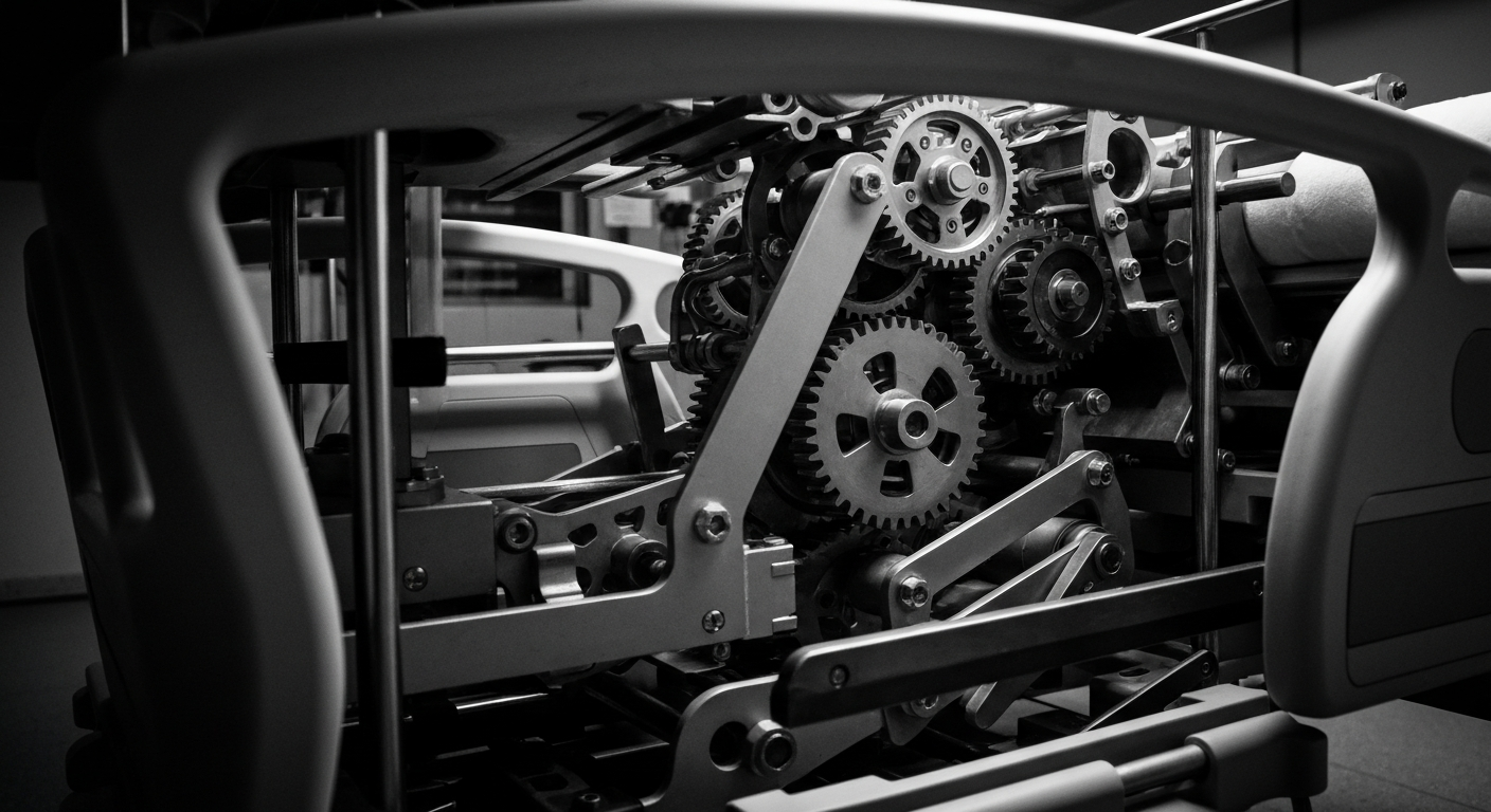 A high-contrast black and white close-up image of the complex machinery and gears inside a modern hospital bed, representing the heavy industrial nature of healthcare technology and infrastructure.
