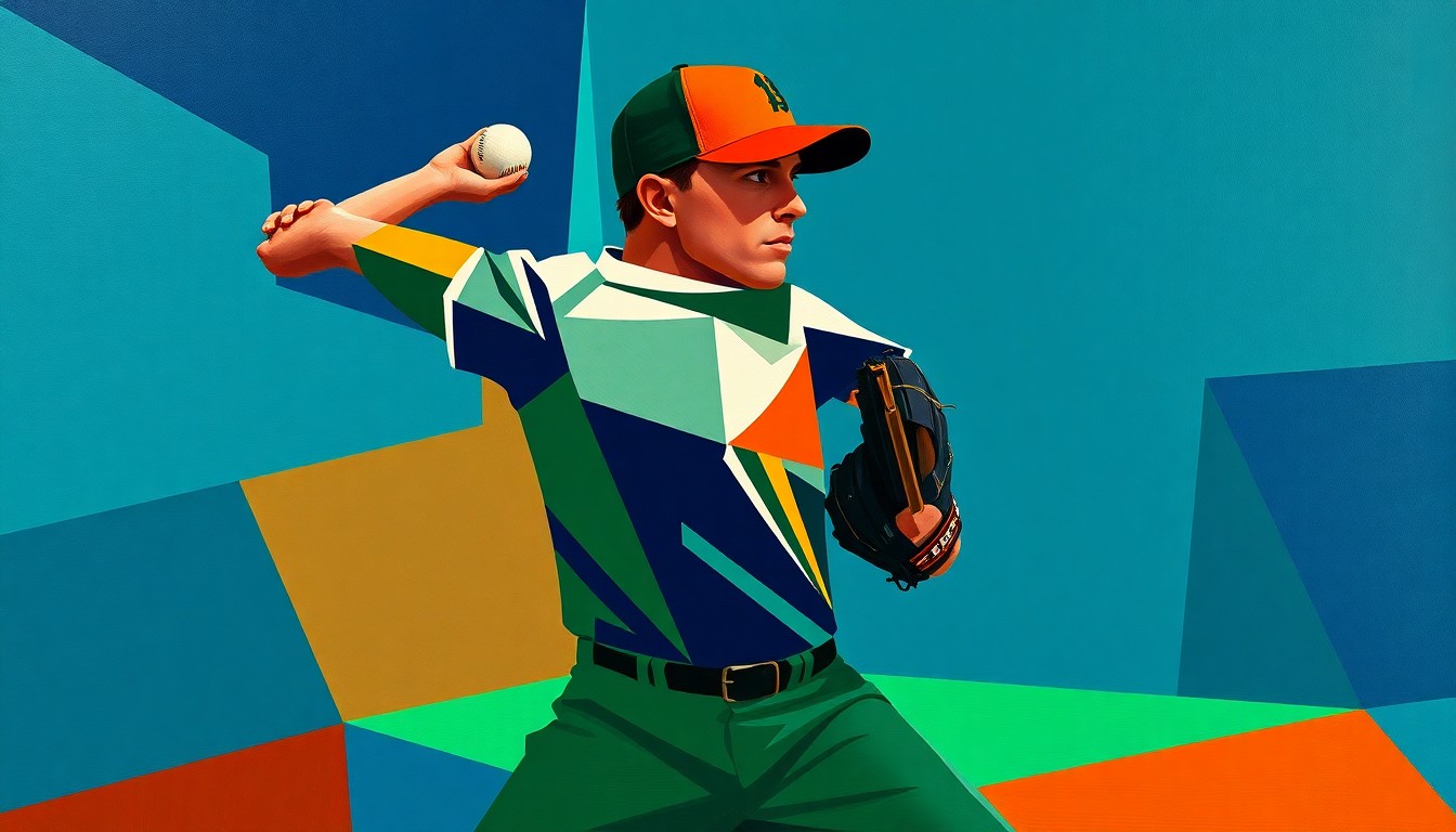 A fragmented, cubist-style painting depicting a baseball pitcher's windup and delivery broken down into sharp, overlapping geometric shapes in a palette of navy, green, and orange, creating a dynamic, abstract representation of the sport.