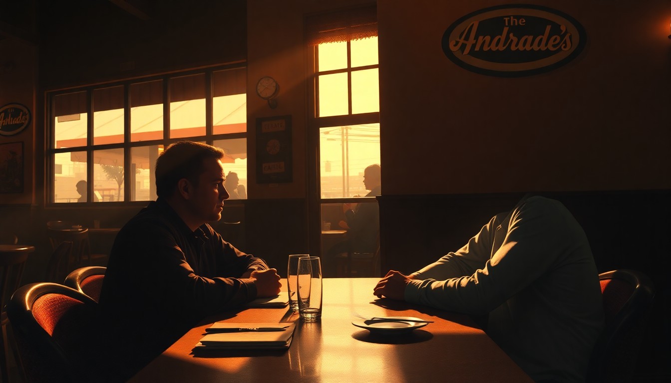 A warm, cinematic painting depicting two women sitting at a table in a dimly lit restaurant, the scene bathed in soft, diagonal sunlight and deep shadows, conceptually representing the political leaders' casual meeting and connection with the local community.