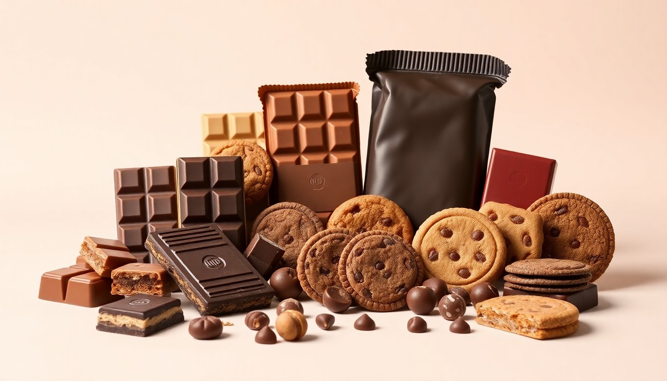 A high-end, photorealistic studio still-life photograph featuring a collection of premium, polished chocolate bars, cookies, and candy in various geometric shapes and textures, arranged elegantly on a clean, monochromatic seamless background, conceptually representing Mondelez's diverse snack portfolio and corporate strategy.