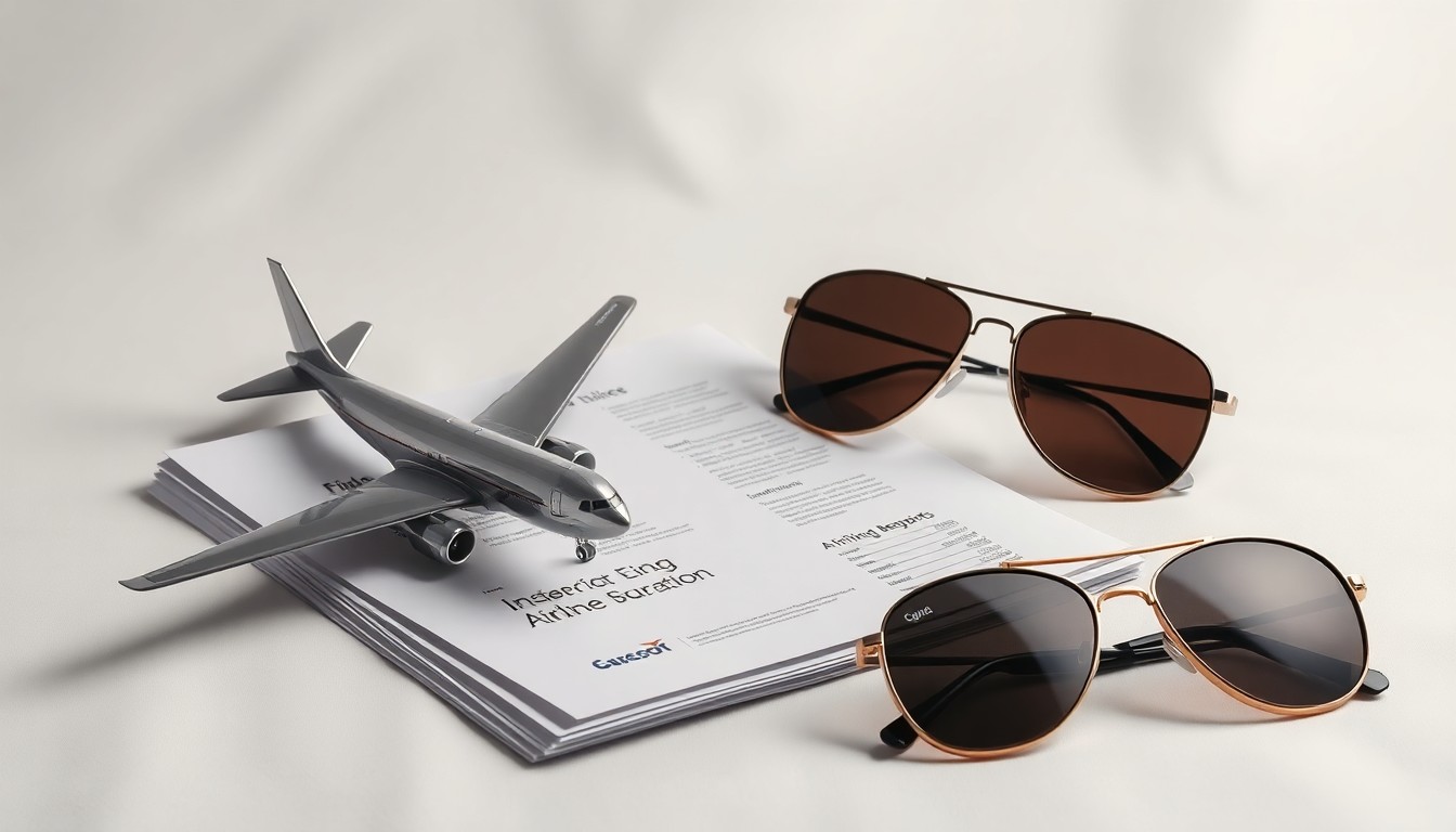 A photorealistic studio still life featuring a polished metal airplane model, a stack of financial reports, and a pair of aviator sunglasses arranged on a clean white background, symbolizing the abstract corporate strategy and financial performance of the airline industry.