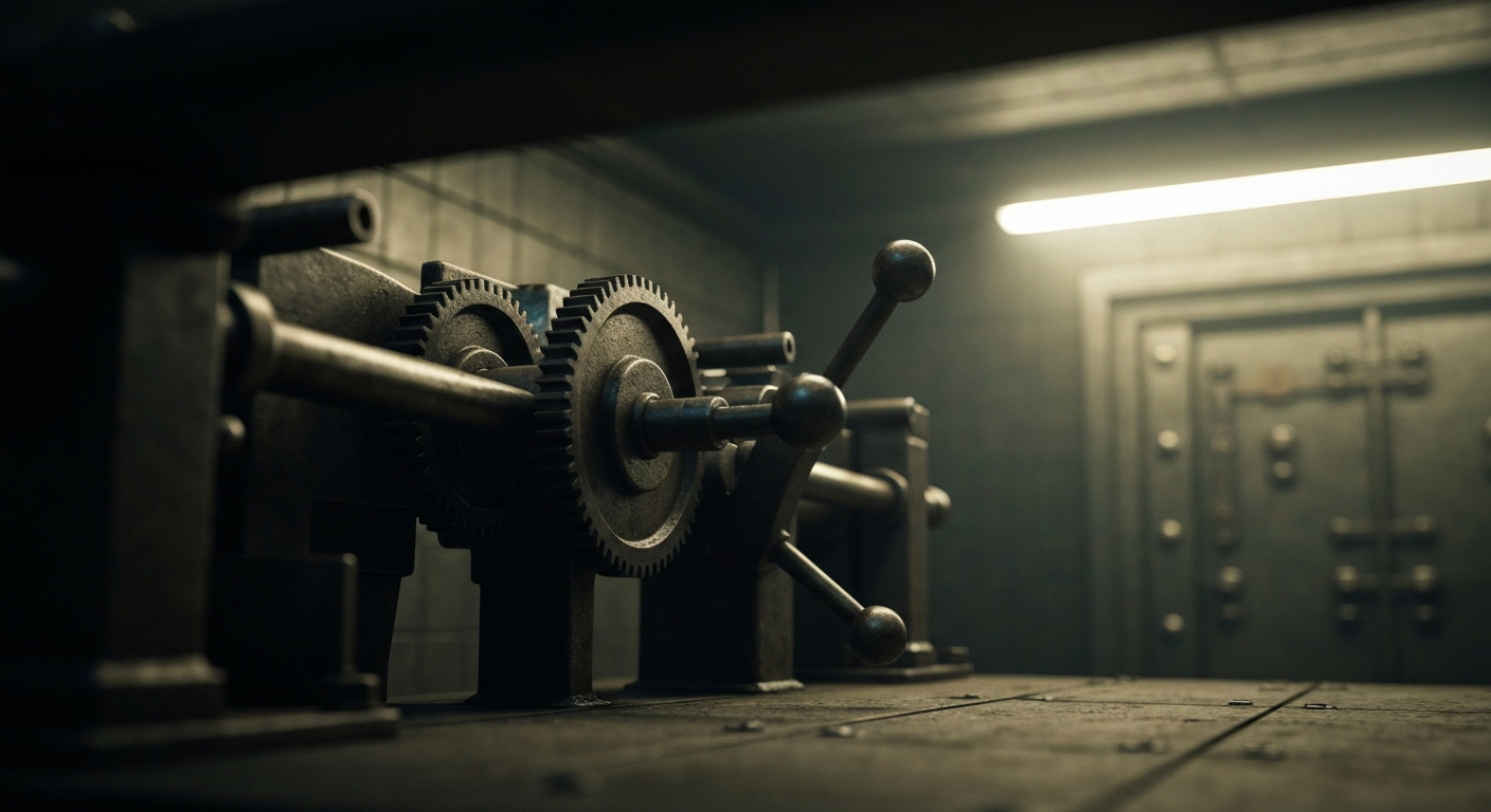 An extreme close-up of gears, levers, and other industrial components of a banking machine, conveying the tangible, physical nature of financial infrastructure.