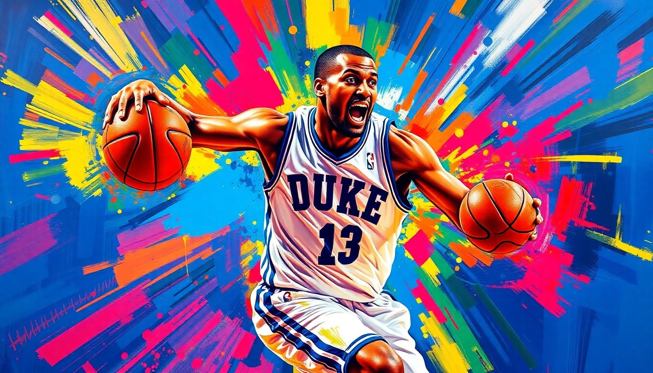 An abstract, energetic painting using bold brushstrokes and neon colors to depict the dynamic movements and skills of a basketball player, conveying the excitement and talent of the AP Player of the Year.