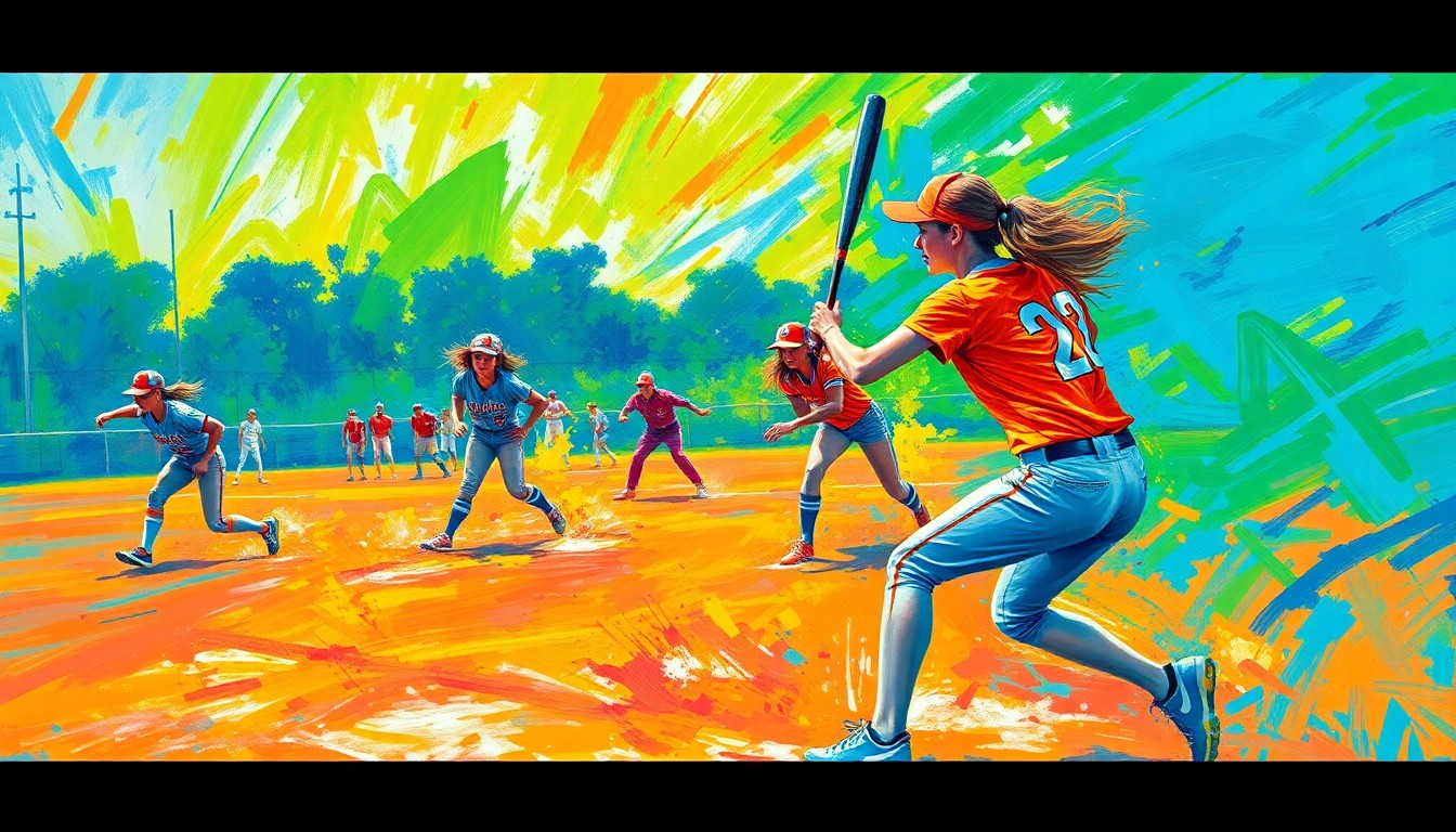 An abstract, expressionist painting in neon colors depicting the dynamic movement and energy of a high school softball game, with players' forms dissolving into vibrant brushstrokes.