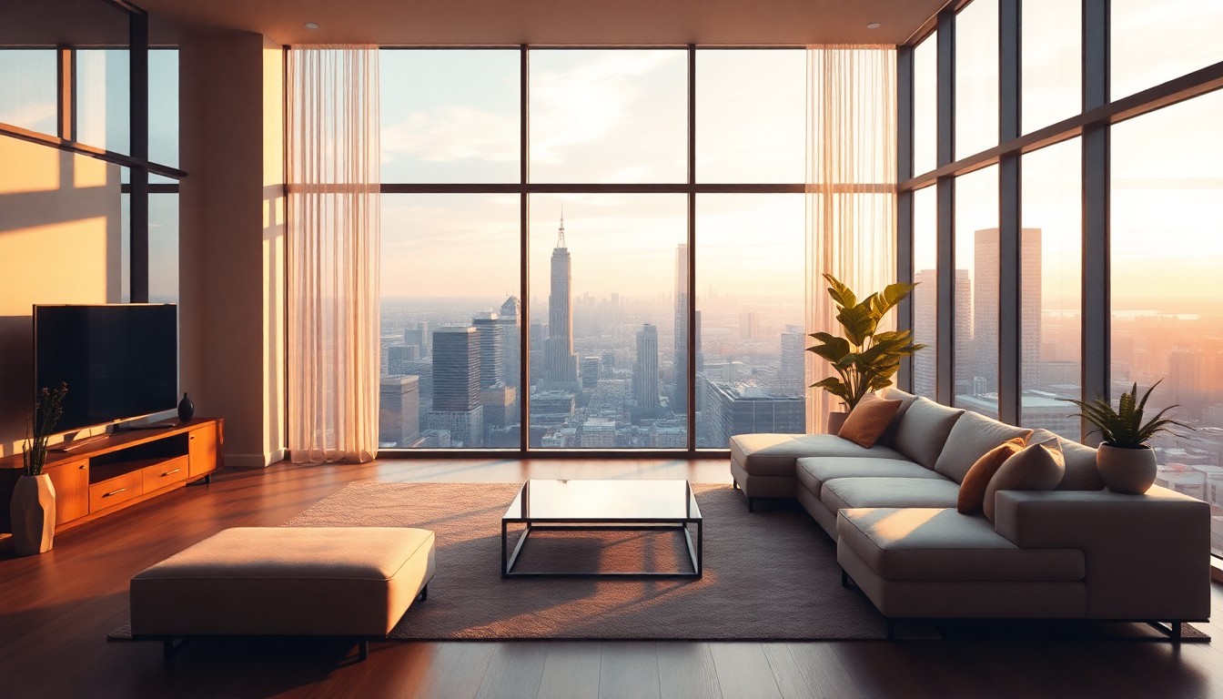 A softly focused, atmospheric scene of a modern living room with floor-to-ceiling windows overlooking a city skyline, capturing the elegant and serene lifestyle of the Rittenhouse Square neighborhood.