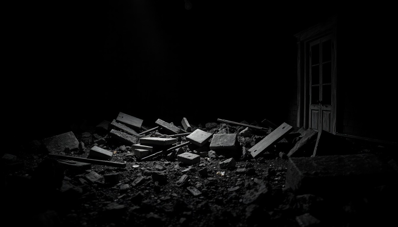 An extreme close-up photograph of charred debris and rubble from an abandoned home's interior, creating a stark, gritty, investigative aesthetic that conceptually illustrates the ongoing challenges of dealing with unsafe, abandoned properties.
