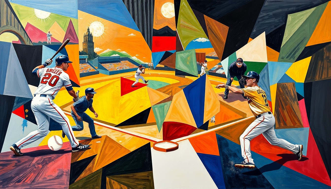 A cubist-style painting depicting the key moments of the Braves' 9th inning comeback, with the players' movements and the ball's trajectory broken down into angular, abstracted geometric forms.