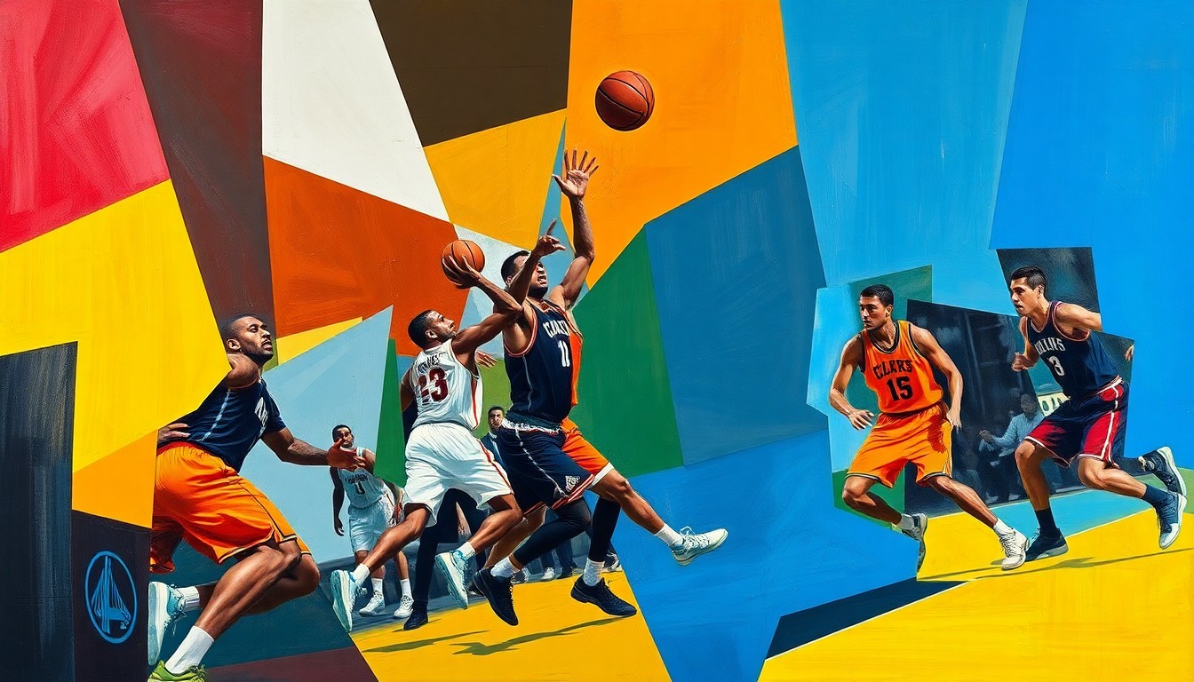 A cubist, geometric painting depicting the intense physicality and fractured action of a basketball game, with players' forms broken down into abstract shapes and planes of color.