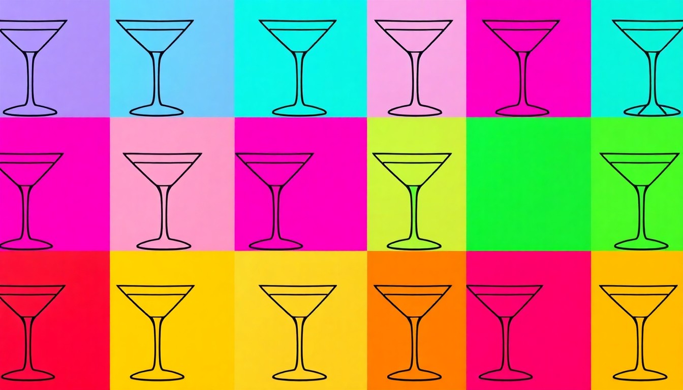 A bold, abstract silkscreen print of a stylized cocktail glass repeated in a grid, using bright neon colors and heavy black outlines to conceptually represent the controversy over a new Black-owned business venture.