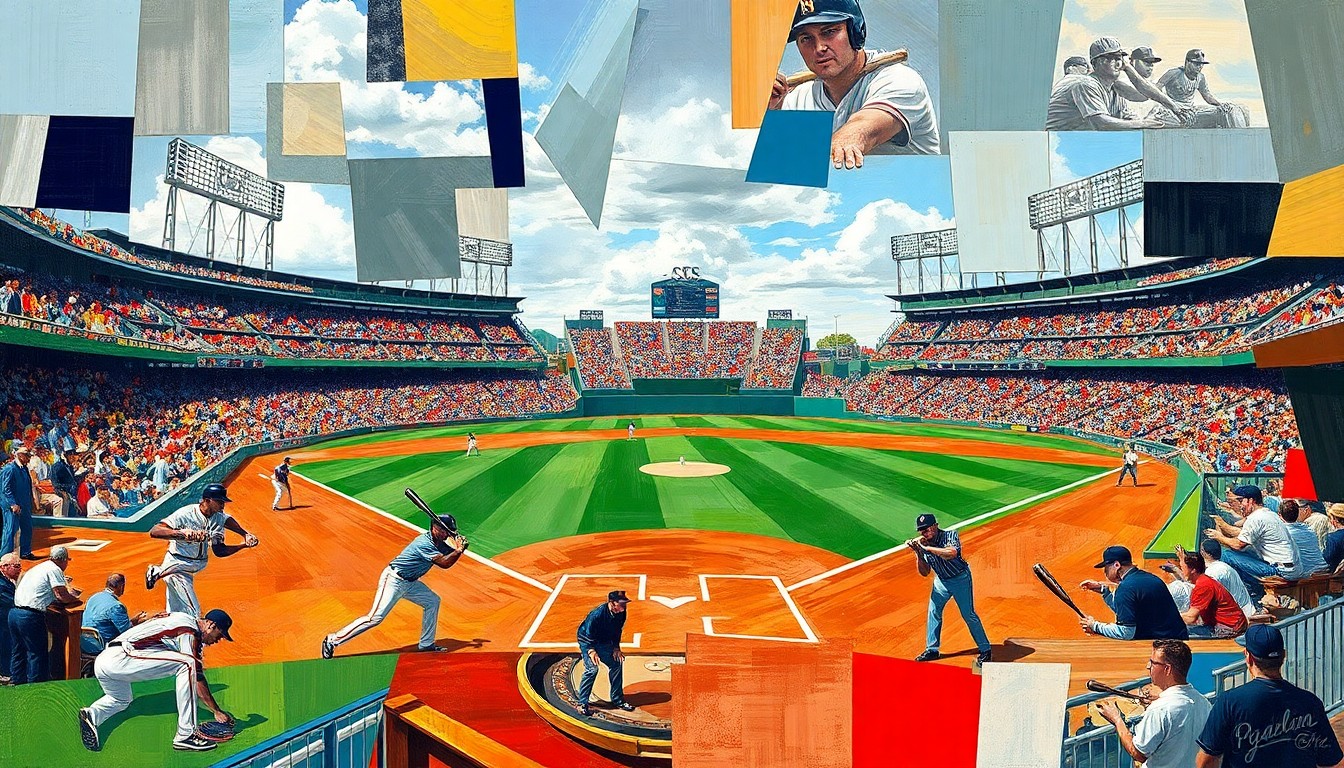 A cubist, geometric painting breaking down a college baseball game into overlapping planes of players, bats, balls, and the stadium, conceptually representing the high-intensity rivalry and competition between the two teams.