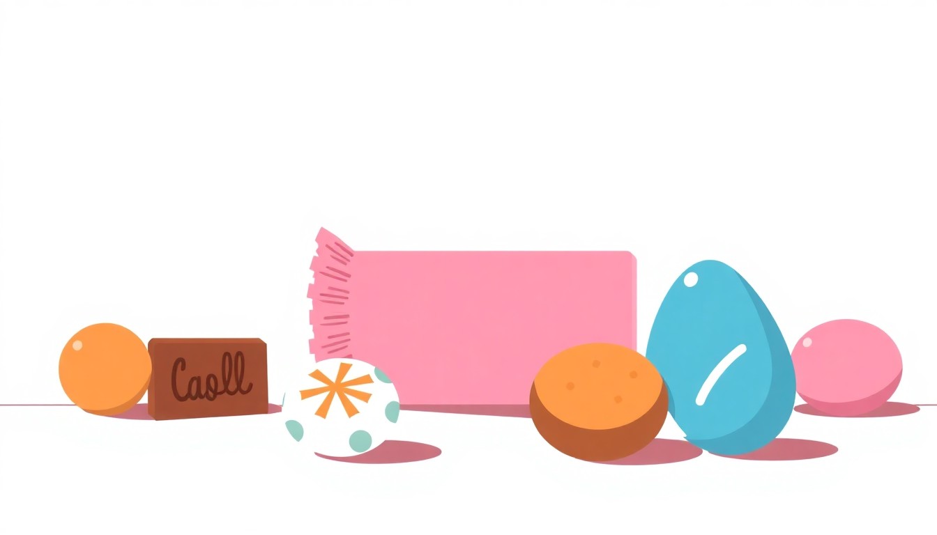 A minimalist illustration using bold geometric shapes and primary colors to conceptually represent the economic forces behind the disconnect between falling cocoa prices and high retail prices for Easter candy in Wenatchee, Washington.