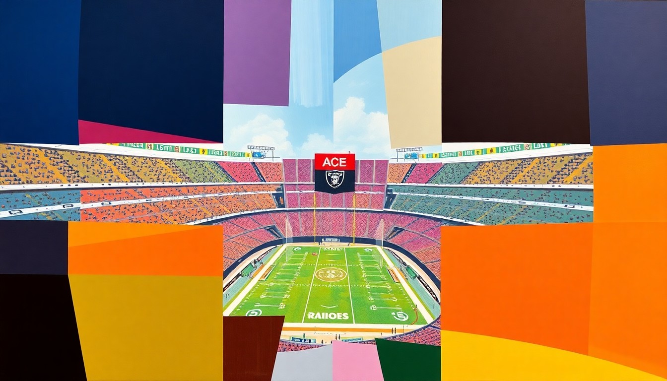 A cubist, geometric painting depicting the fractured, multi-perspective view of a sports stadium or arena, with sharp, overlapping planes in the official colors of the Las Vegas Raiders, Golden Knights, and Aces, conceptually representing the city's emergence as a major sports destination.
