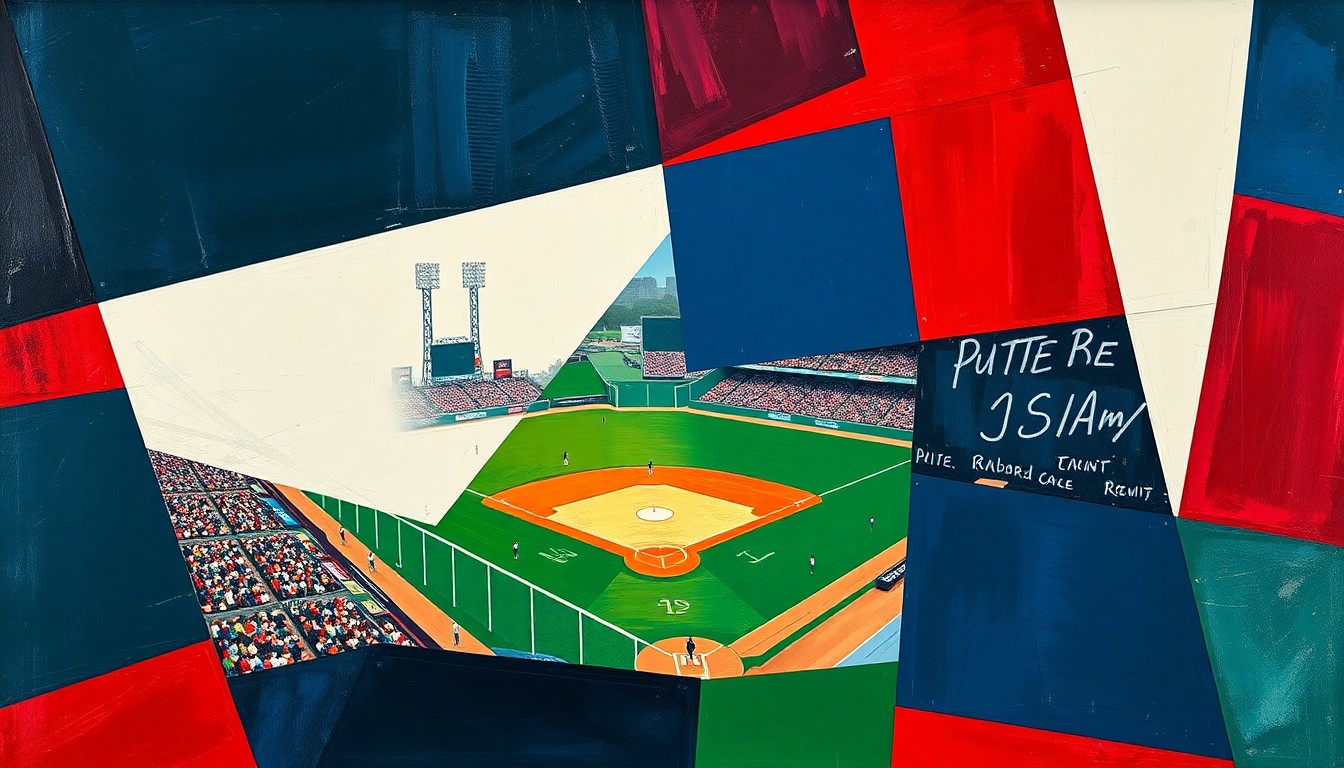 A cubist, geometric painting depicting a baseball game in progress, with the players and field fragmented into sharp, overlapping shapes and planes of navy, green, and red, conveying the intensity and drama of the extra-innings matchup.