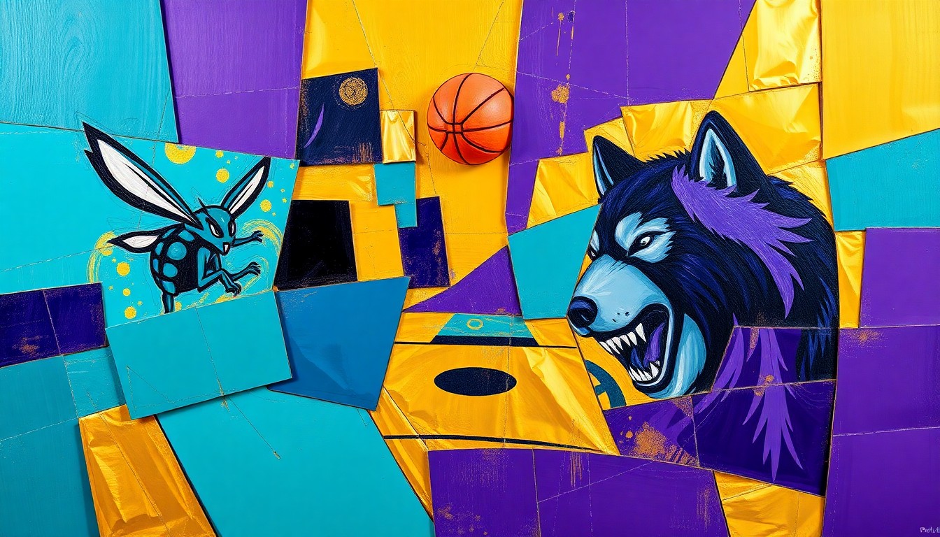 A cubist, geometric painting depicting a basketball game in motion, with players and the court fragmented into sharp, overlapping shapes and planes in vibrant teal, purple, and gold hues.