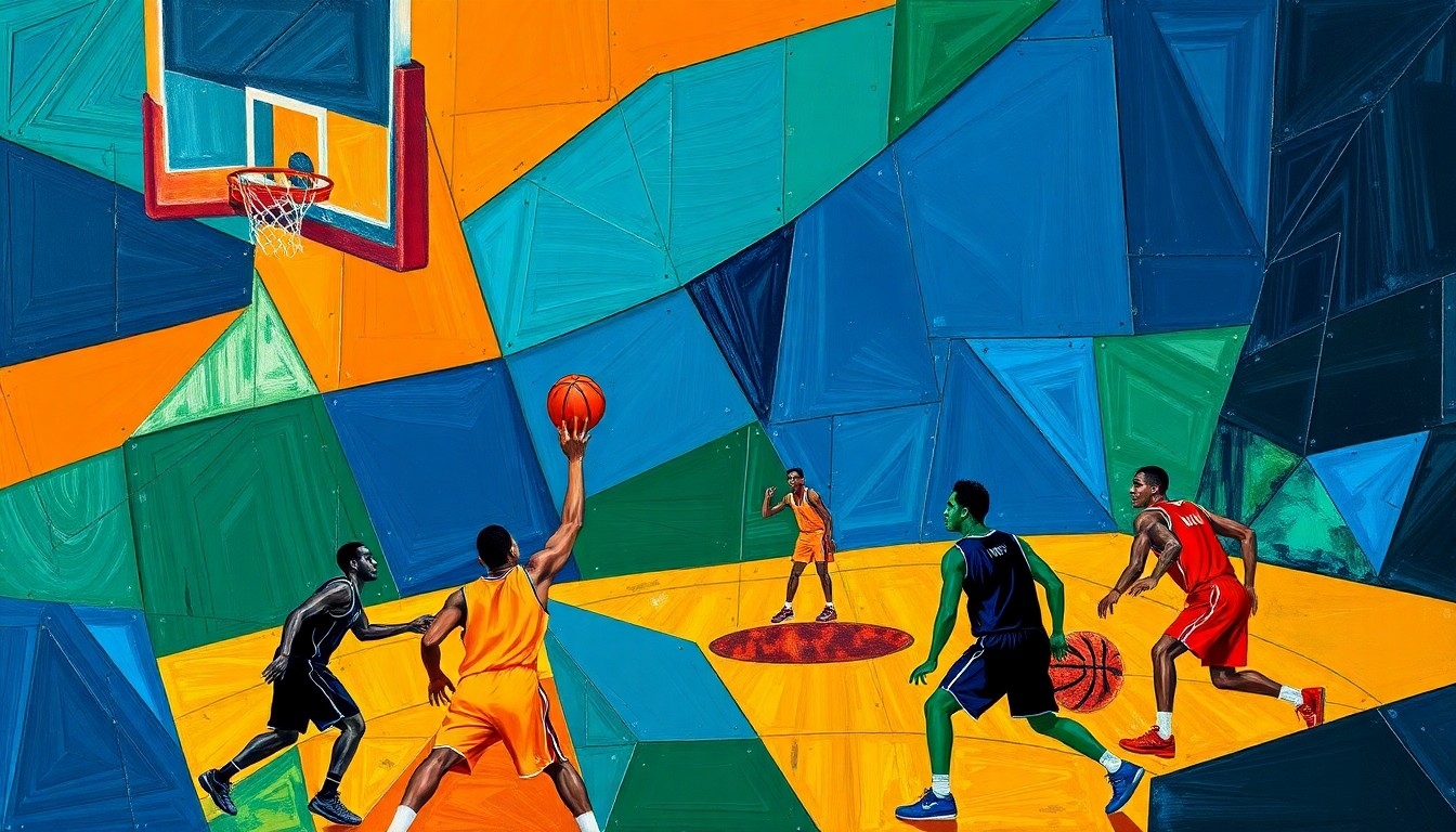 A cubist-inspired painting depicting a basketball game broken down into fragmented, geometric shapes in a bold color palette, capturing the chaotic energy of the sport.