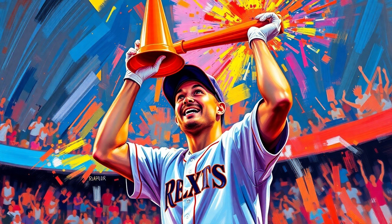 An abstract, energetic painting in neon colors depicting a baseball player enthusiastically hoisting an orange traffic cone, capturing the excitement and camaraderie of the Pirates' unique celebration.