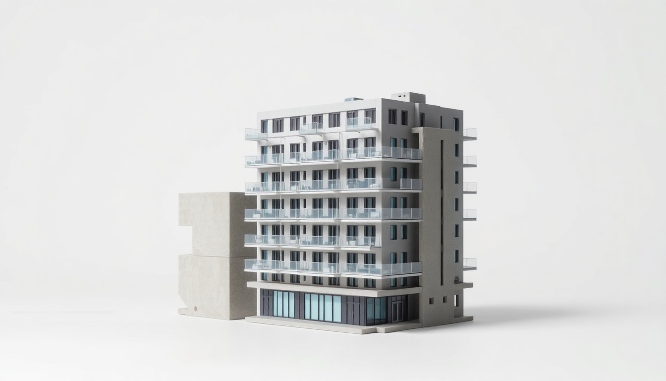 A photorealistic studio still life depicting a scale model of a modern apartment building partially obscured by a large concrete block, conveying the obstacles developers face in constructing new housing amid growing community opposition.